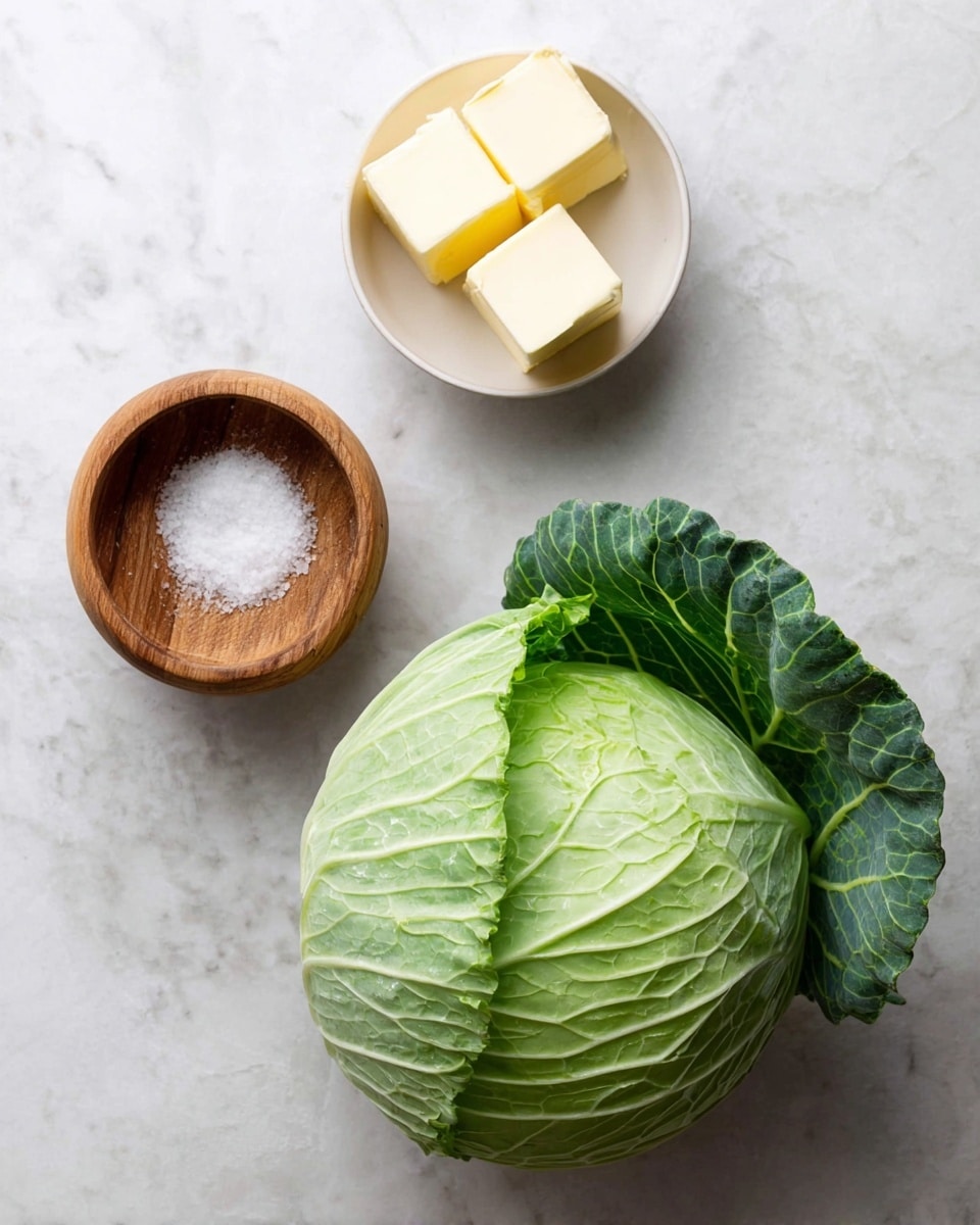 The image shows three main items arranged on a white marbled surface: a whole green cabbage with visible crisp leaves and veins on the right side, a small white bowl above it containing three pale yellow butter squares with smooth edges, and to the left of the bowl, a small round wooden container with an open lid displaying coarse white salt inside. photo taken with an iphone --ar 4:5 --v 7