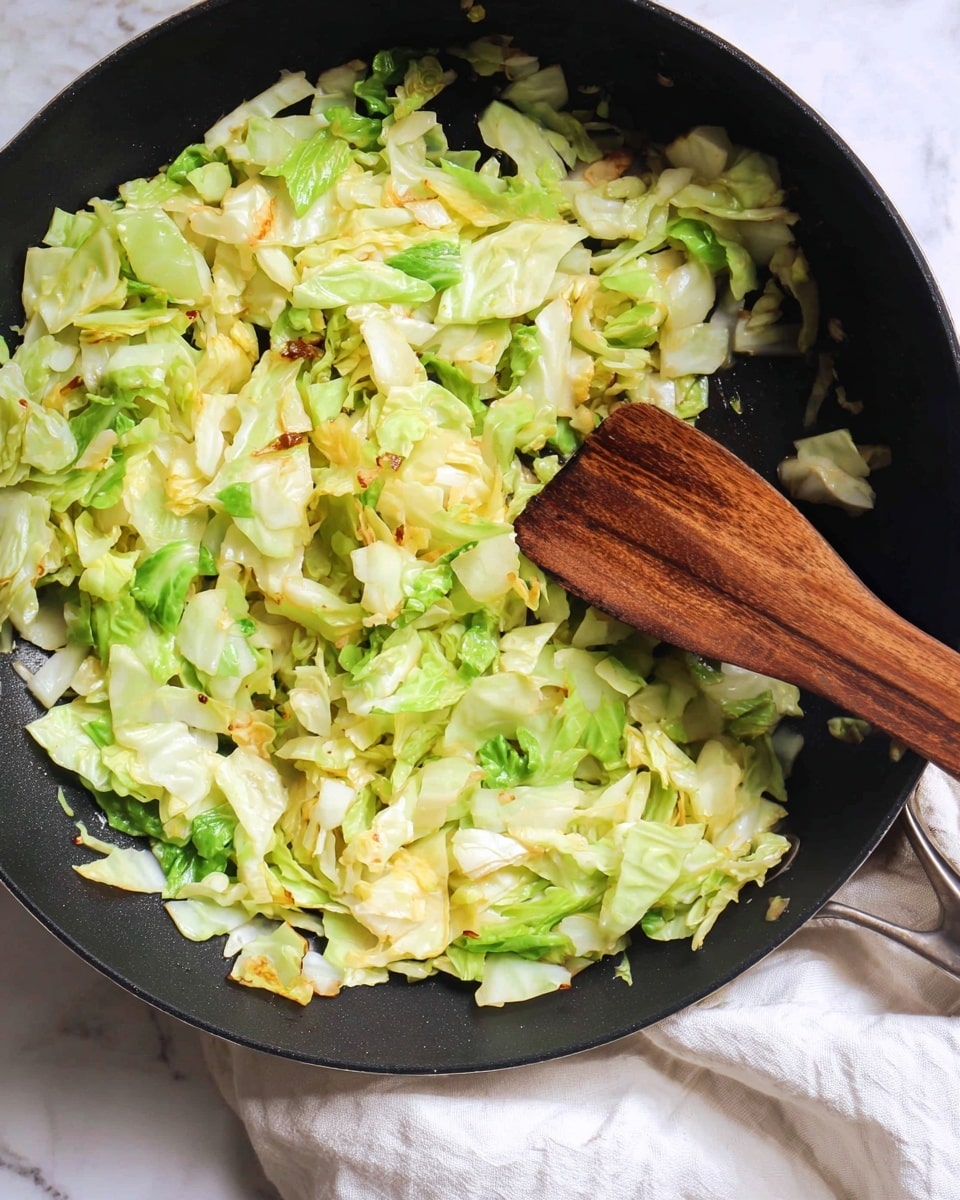 The image shows a black pan filled with cooked chopped cabbage pieces in different green and pale yellow shades with some light browning on the edges. A large wooden spatula rests in the pan, partially on top of the cabbage. The pan is placed on a white cloth on a white marbled surface. Photo taken with an iphone --ar 4:5 --v 7