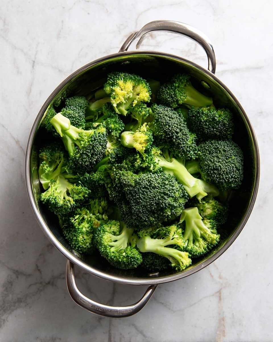 A round silver metal pot filled with several pieces of fresh green broccoli. The broccoli pieces have dark green tops and lighter green stems, some pieces showing a bright yellowish green near the top. The pot has two handles on each side and rests on a white marbled surface. The photo is taken from above, showing the broccoli arranged loosely inside the pot photo taken with an iphone --ar 4:5 --v 7