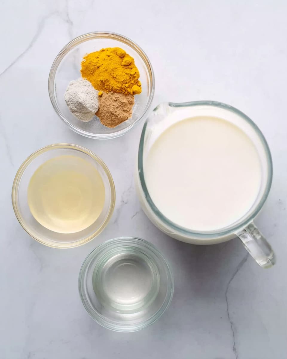 The image shows four glass bowls of different sizes placed on a white marbled surface. The largest bowl is a clear glass pitcher filled with a smooth, white liquid that looks like milk or cream positioned at the right. To the left, three smaller clear glass bowls hold different ingredients: one at the top contains four powders - a bright yellow, a light brown, a beige, and a grayish powder; the bottom left bowl contains a clear, pale yellow liquid; and the bottom center bowl holds a clear, slightly thick liquid. The arrangement is simple and neat, with a clean and bright setting. photo taken with an iphone --ar 4:5 --v 7