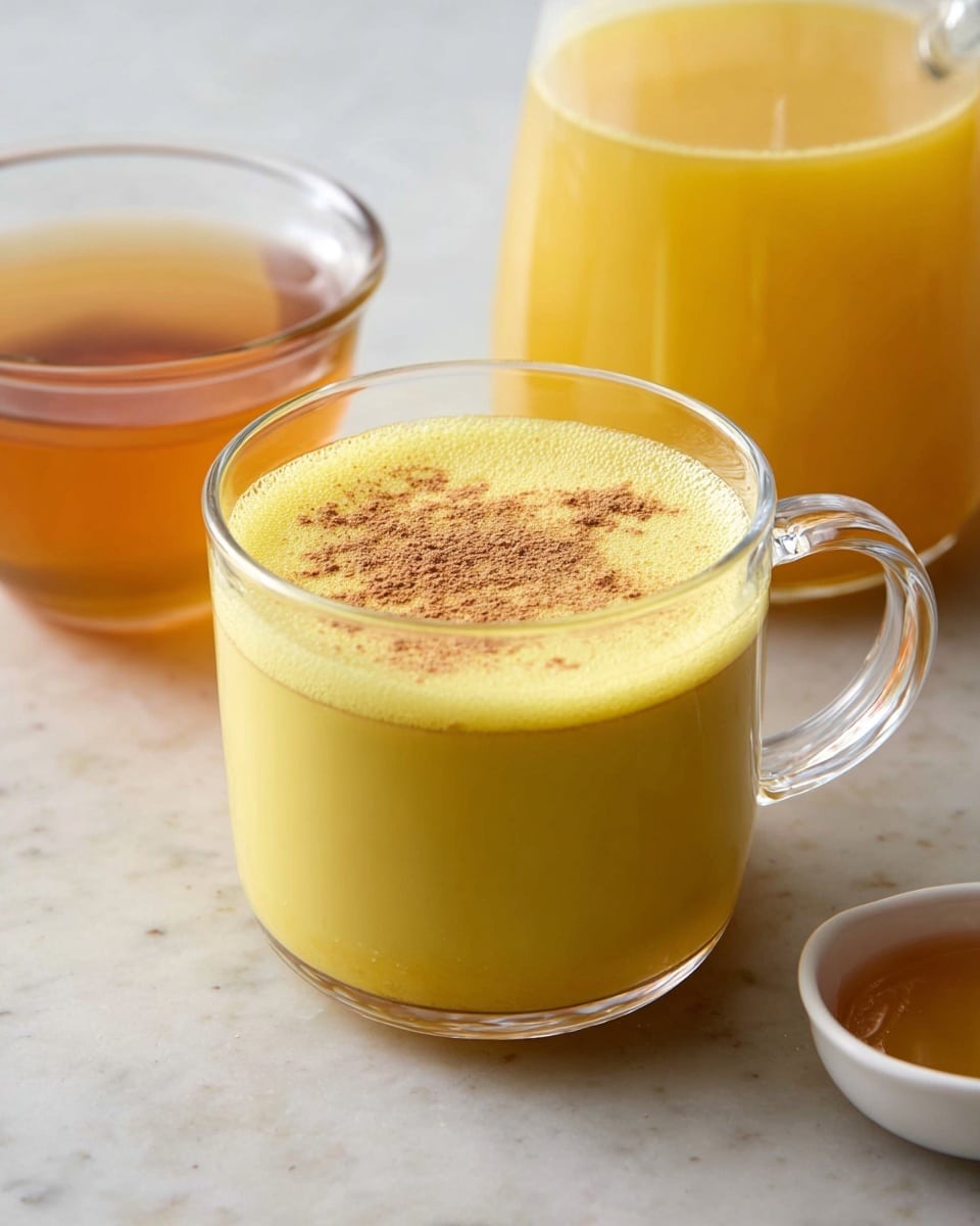 A clear glass mug filled with a smooth, bright yellow drink that has a light frothy layer on top, sprinkled with a small amount of brown powder. Behind the mug, there is a clear glass jug containing more of the same yellow liquid. To the right of the mug, a small white bowl holds a light amber liquid. The items are placed on a white marbled surface. photo taken with an iphone --ar 4:5 --v 7