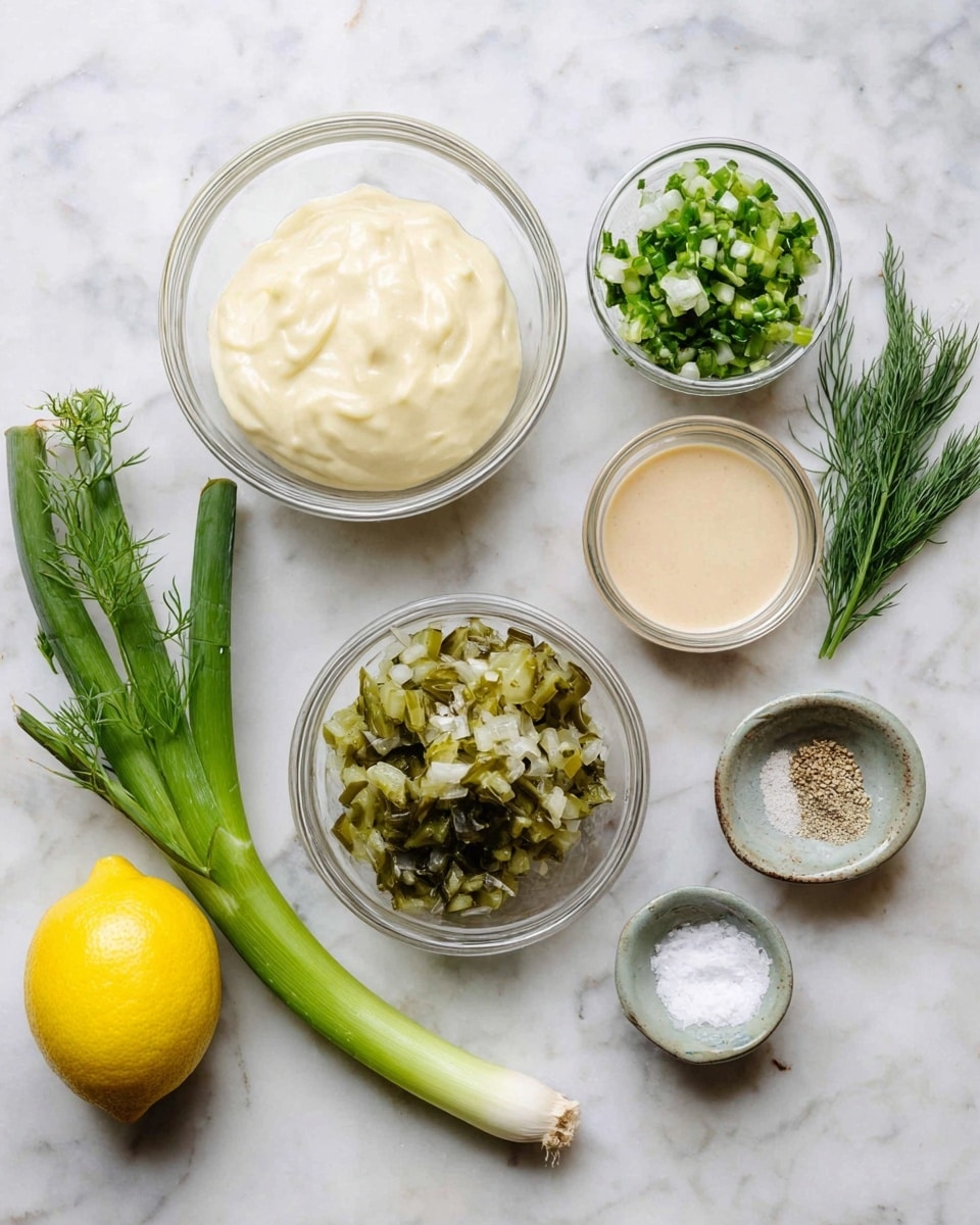 A white marbled surface holds small glass bowls and fresh ingredients arranged neatly. There is a large bowl with a creamy, pale yellow mixture. Below it, there is a bowl with chopped greenish pickles. To the right, a small bowl holds a beige sauce, while another small bowl contains a little white salt. Fresh green dill and a green onion stalk lie beside the bowls. A whole yellow lemon is placed on the bottom left corner. All items are well spaced and clear, showing different textures from creamy to fresh greens photo taken with an iphone --ar 4:5 --v 7