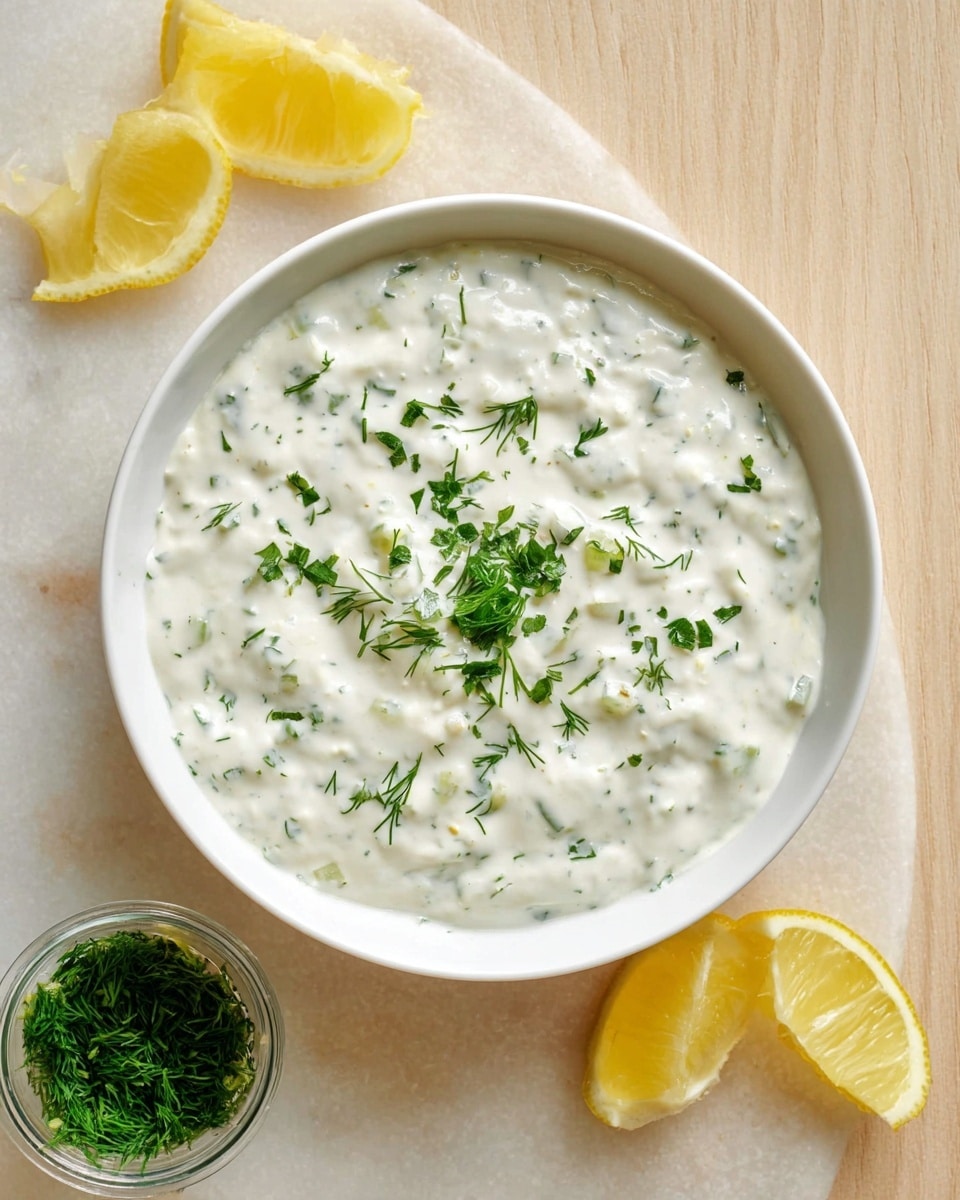 A white bowl filled with a creamy white textured sauce that has small green herb pieces mixed throughout. The sauce looks thick and slightly lumpy with fresh green herbs sprinkled on top. Around the bowl, there are three bright yellow lemon wedges placed on a white marbled textured surface. To the side of the bowl, there is a small glass container filled with finely chopped green herbs. Photo taken with an iphone --ar 4:5 --v 7