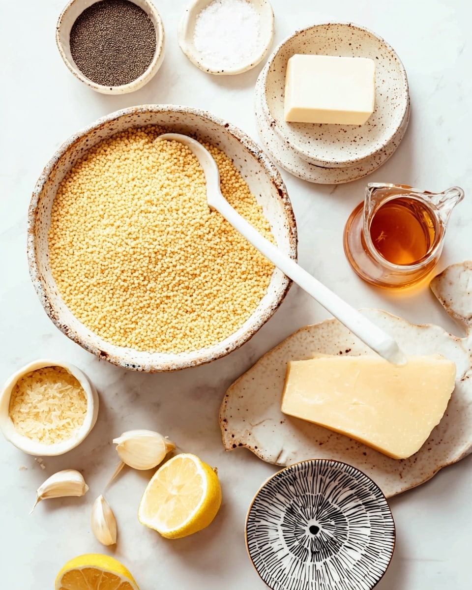 A white bowl with black speckles is filled with round, light yellow couscous grains, and a white spoon rests inside it on the right side. Around this bowl, there are several small dishes and items placed on a white marbled surface: on the top right, a white speckled shallow bowl holds a rectangular block of white butter; below it to the right is a small glass pitcher with amber-colored liquid; on the left, a white speckled bowl contains a dark coarse mixture, and next to it, a small white bowl with a bright yellow rim holds two peeled garlic cloves; below this is another white speckled dish with a large piece of hard yellow cheese; and at the bottom center, a small round white plate with a black zigzag pattern has two halves of a yellow lemon placed next to each other. A black spoon filled with coarse salt is visible near the top. Photo taken with an iphone --ar 4:5 --v 7