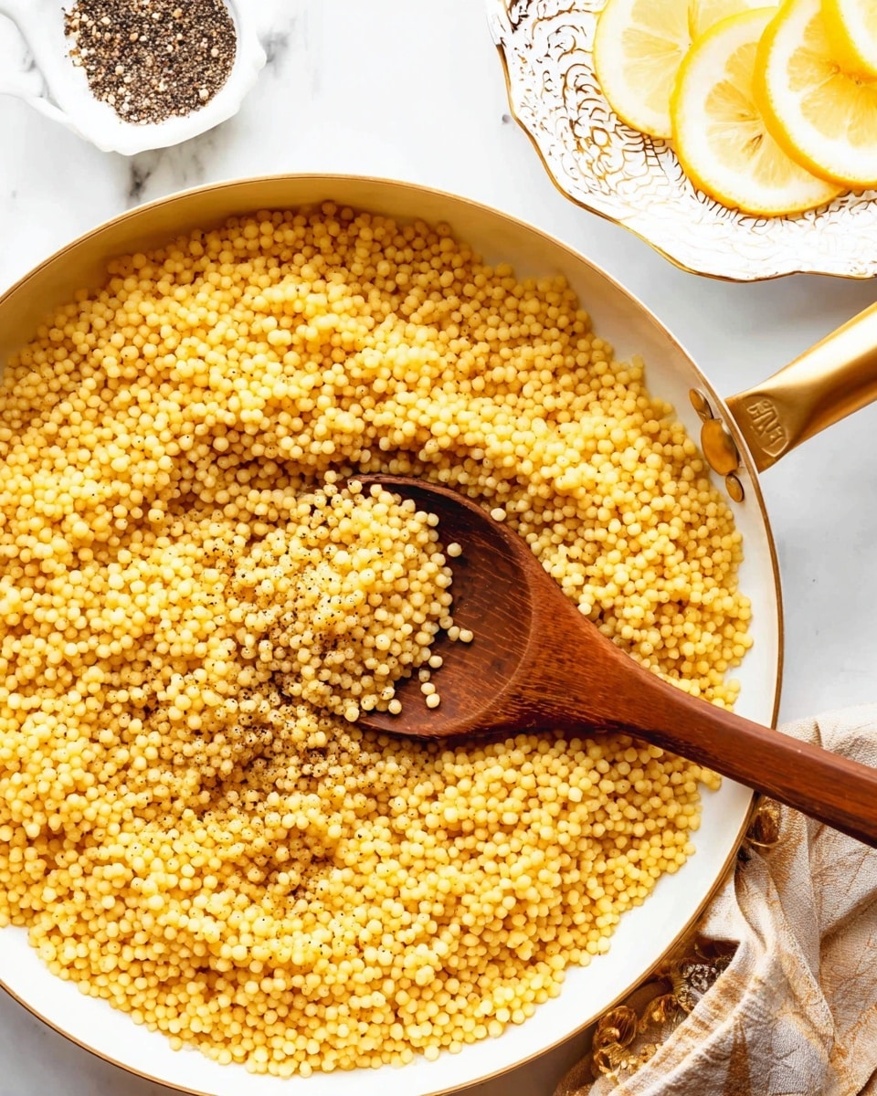 The image shows a close-up of cooked small round yellow couscous filling a white pan with a gold handle, sprinkled with black pepper. A dark wooden spoon is scooping some couscous from the center, the grains look soft and slightly shiny. There are lemon slices on a white patterned plate in the upper right corner and some black pepper in a small white bowl to the left. The whole scene is set on a white marbled surface. Photo taken with an iphone --ar 4:5 --v 7