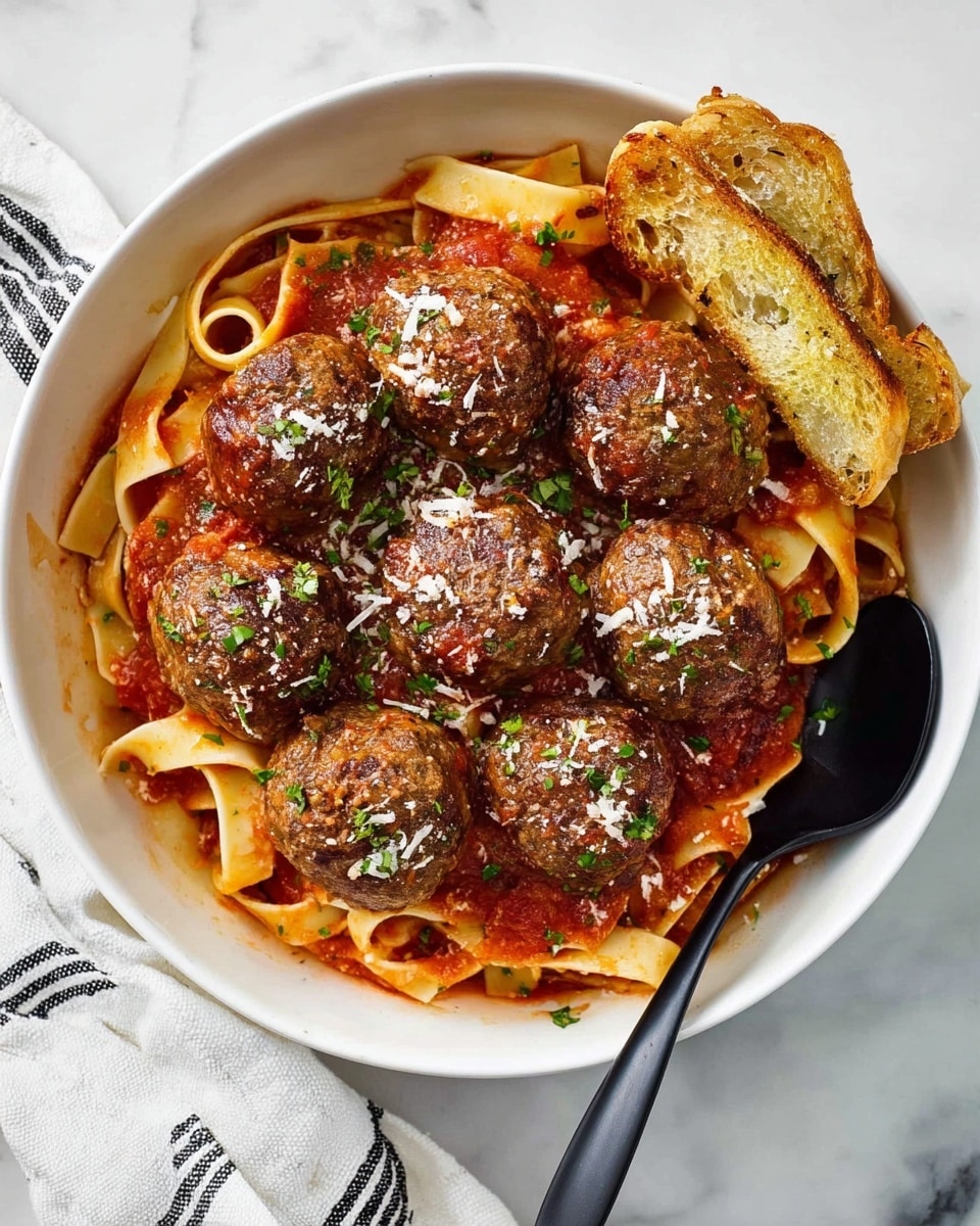 A white bowl filled with two layers: the bottom layer is a bed of wide, flat pasta noodles coated in bright red tomato sauce with a slightly shiny texture; the top layer has seven browned, round meatballs that have a slightly crispy surface and are sprinkled with grated white cheese and small green herb pieces. A black spoon is placed inside the bowl on the right side, and two pieces of toasted bread with a golden crust are near the top right edge of the bowl. The bowl is set on a white marbled surface with a white cloth that has black stripes near the bottom left corner photo taken with an iphone --ar 4:5 --v 7