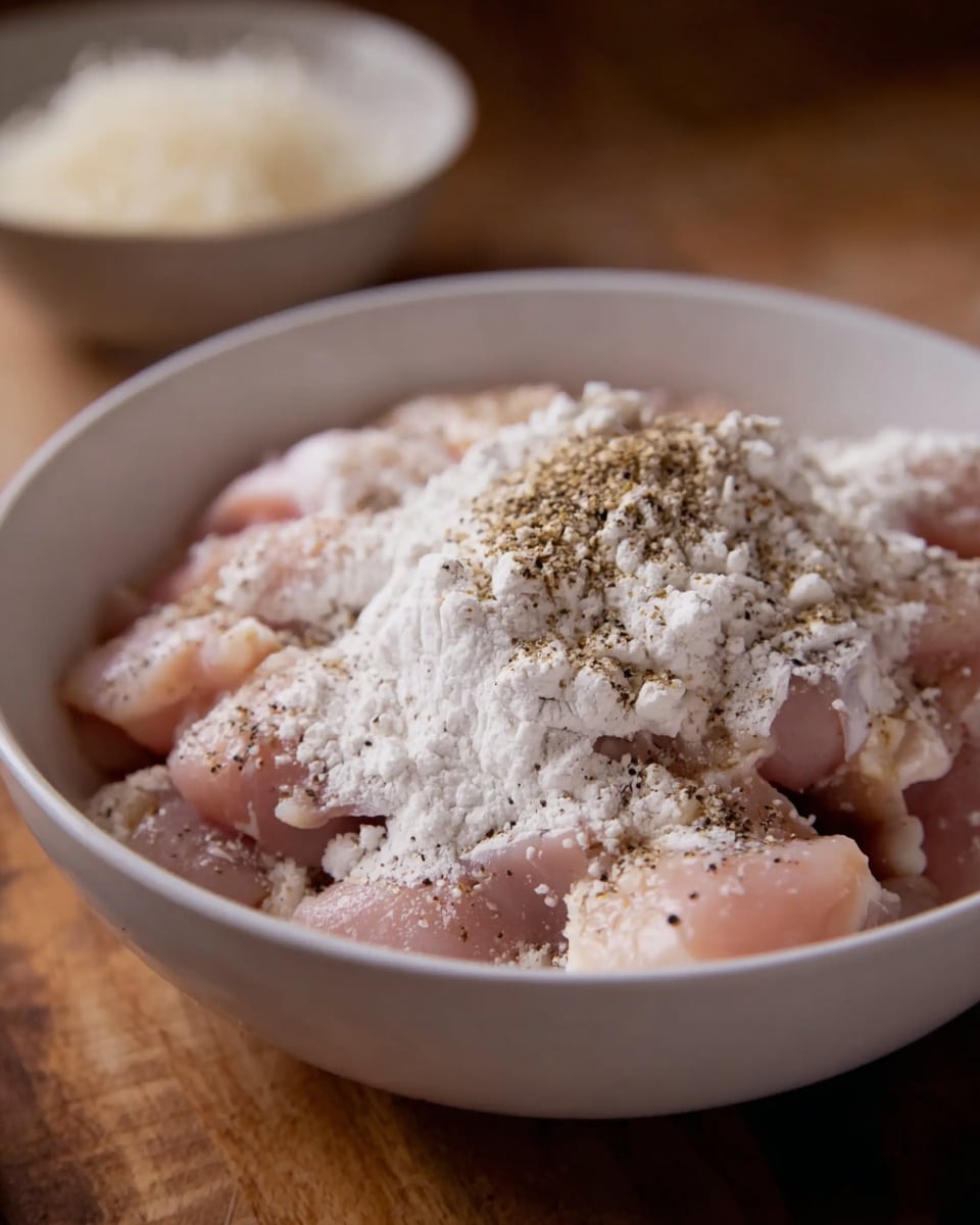 A white bowl filled with raw pale pink chicken pieces layered at the bottom, topped with a layer of white powdery flour, and sprinkled with a layer of black pepper that coats the flour unevenly. The bowl sits on a wooden surface with a blurry bowl of shredded white ingredient visible in the background. Photo taken with an iphone --ar 4:5 --v 7
