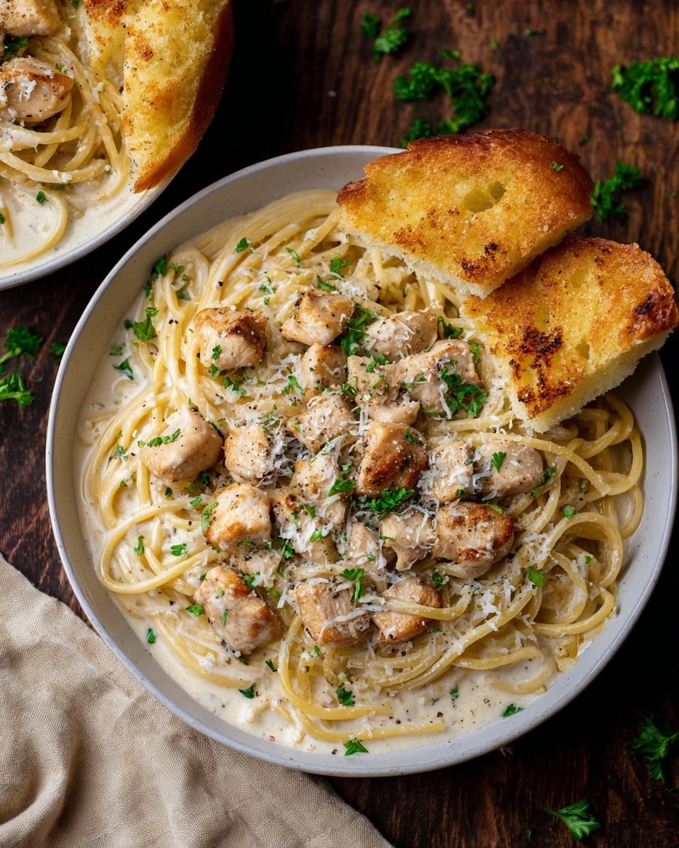 A white bowl is filled with creamy spaghetti layered at the bottom with smooth, light yellow pasta strands covered in a thick white sauce. On top, many small, golden-brown pieces of cooked chicken are scattered, each lightly speckled with black pepper and fresh chopped green parsley. A sprinkle of grated Parmesan cheese adds a grainy texture on the chicken and pasta. On the side of the bowl, two pieces of golden, crispy bread rest, showing a rough, crunchy crust. The bowl sits on a dark wooden surface with a beige cloth nearby and some scattered parsley leaves. photo taken with an iphone --ar 4:5 --v 7