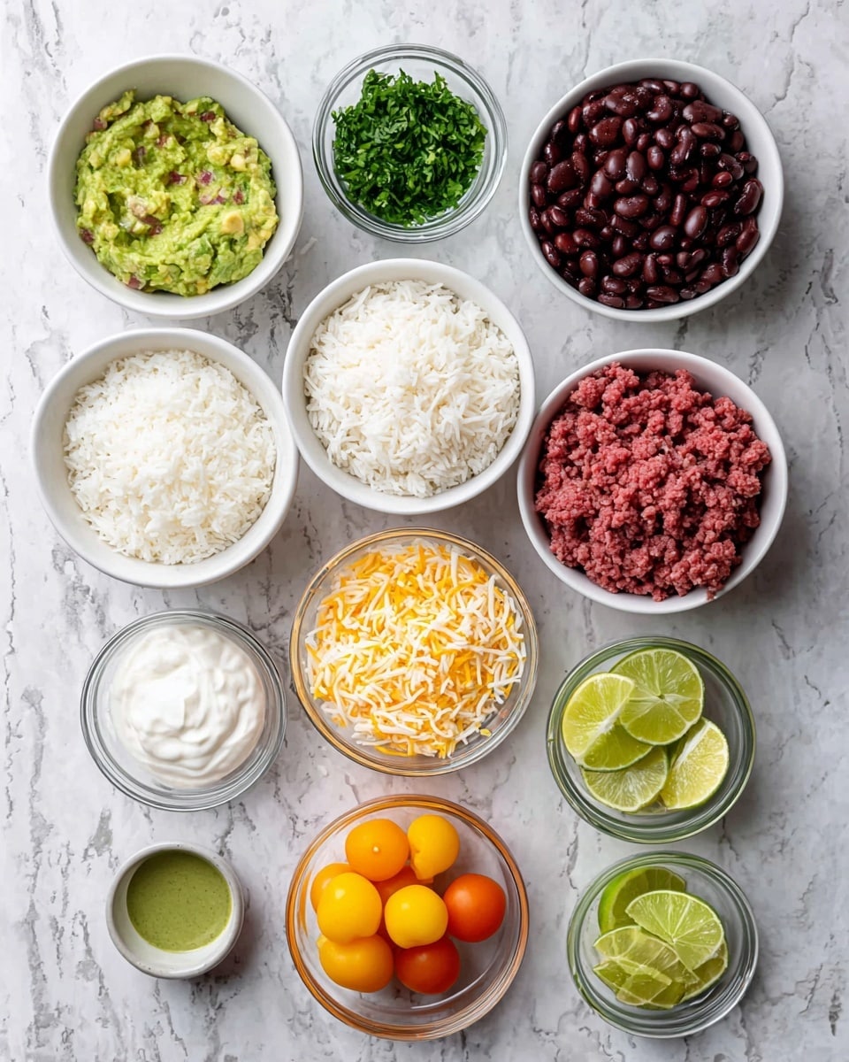 The image shows nine small bowls arranged on a white marbled surface, each with different ingredients for a meal. From the top left, there is a bowl with green guacamole, next to it a bowl with chopped green herbs, below that a bowl filled with dark red cooked beans. In the middle left, a bowl holds plain white rice, and next to it in the center is a bowl with raw ground beef. Below the beef is a bowl with shredded yellow and white cheese, and next to that is a small clear bowl of white sour cream. Below the sour cream is a bowl of yellow cherry tomato slices, and to the right at the bottom is a bowl with lime wedges. There is also a small container of green sauce near the bottom left. The bowls are white except the clear glass ones, and the surface is white with gray marble veins. The photo was taken with an iphone --ar 4:5 --v 7