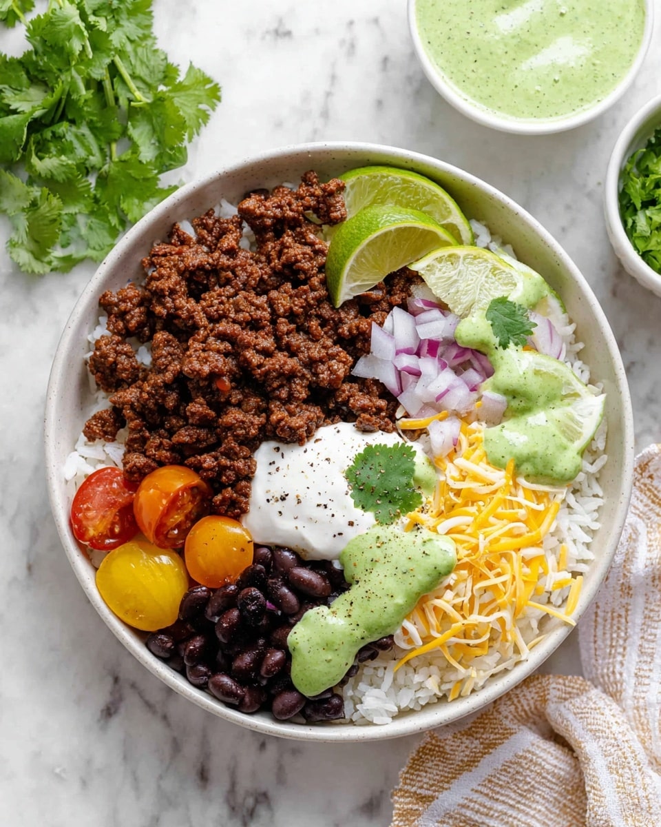A white bowl on a white marbled surface holds a layered dish starting with a base of white rice spread evenly across the bowl. On top of the rice, there are several sections: dark brown cooked ground meat piled high in the center, black beans arranged in small clusters on two sides, and small yellow tomato slices on one side. Two lime wedges are placed near the edge, one on the top left and one on the bottom right. A small pile of shredded yellow and white cheese is next to the meat, with thin slices of red onion nearby. Two dollops of green creamy sauce sit on the meat, and a white dollop of sour cream with some black pepper sits on the lower left of the meat. A small bunch of fresh green cilantro is placed on top as garnish. In the background, a white bowl with green sauce and another bowl with more cilantro are partially visible. photo taken with an iphone --ar 4:5 --v 7