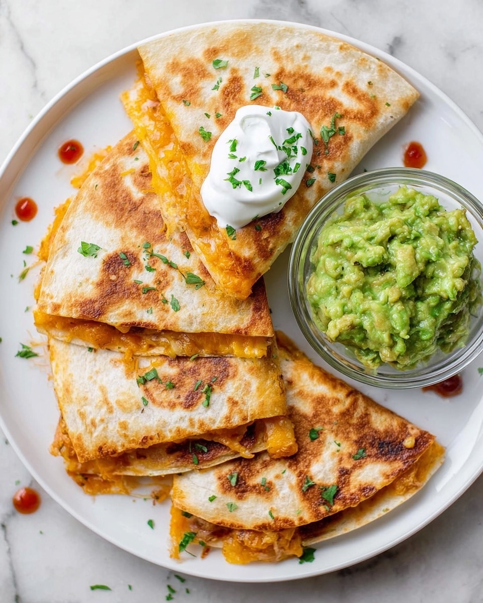 The image shows a white plate with five golden-brown quesadilla wedges stacked and arranged in a fan shape. Each quesadilla is toasted with a slightly crispy texture and some darker brown spots, showing melted orange cheese oozing from the edges. One wedge has a dollop of white sour cream on top, sprinkled with chopped green herbs. Beside the quesadillas, there is a small clear glass bowl filled with bright green mashed guacamole, which has a chunky texture. The plate is set on a white marbled surface with some small drops of red salsa visible near the corners of the frame. photo taken with an iphone --ar 4:5 --v 7