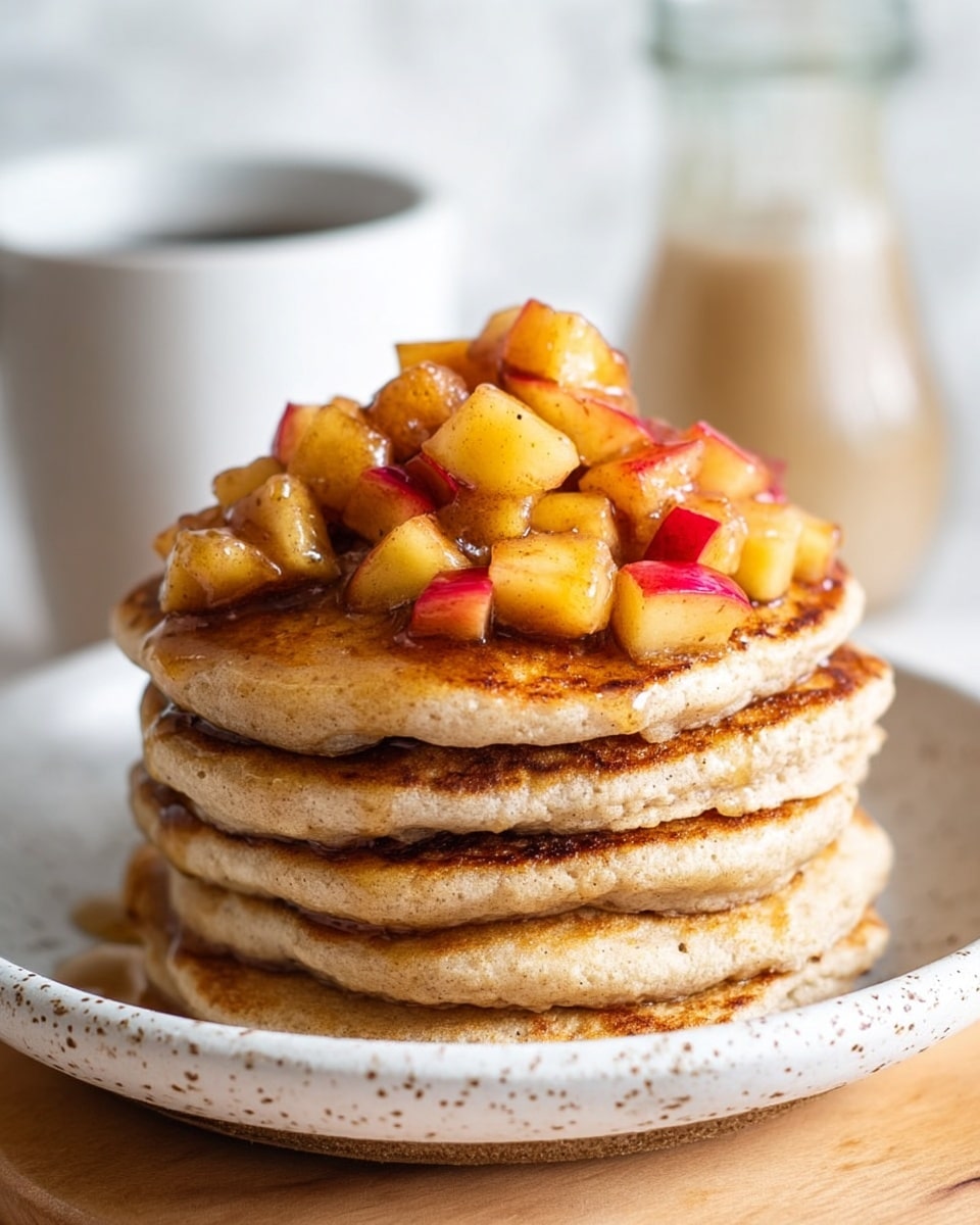 A stack of four thick, fluffy pancakes with a light brown, slightly textured surface sits on a white speckled plate. On top, there is a generous pile of small, glossy cooked apple cubes, showing colors of yellow and red with a shiny syrup coating. In the blurry background, there is a white cup and a glass bottle, all placed on a white marbled surface. The overall scene looks warm and inviting. photo taken with an iphone --ar 4:5 --v 7