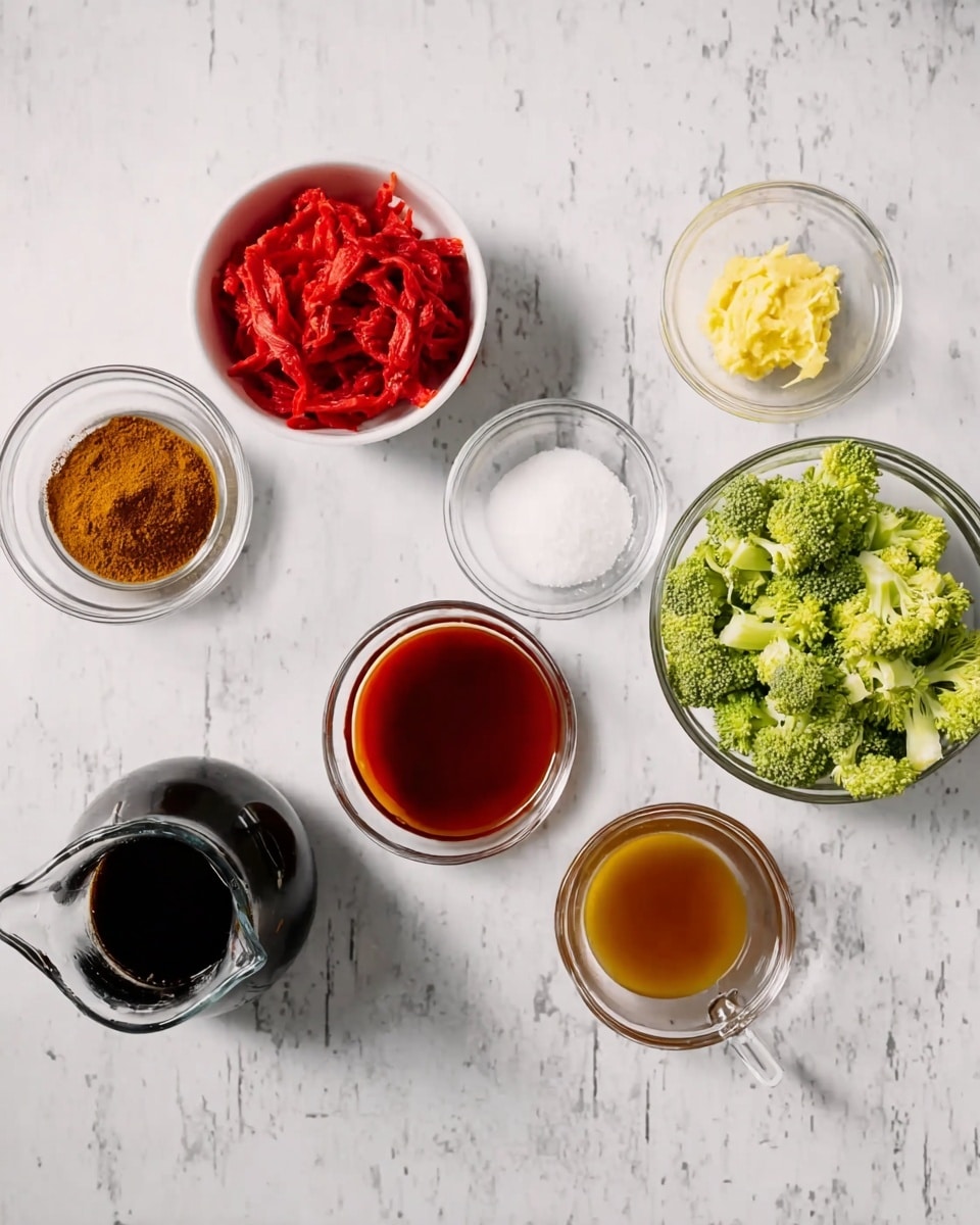 The image shows several small glass bowls arranged on a white marbled surface. From left to right and top to bottom, there is a white bowl filled with thin bright red strips of raw meat placed at the top left. Near the center top, a small glass bowl contains a light yellow paste. To the right, a glass bowl is filled with green broccoli florets. In the middle left is a small bowl with white powder. In the center middle is a medium bowl holding dark golden brown sugar. Below that is a small bowl of red liquid, possibly hot sauce. Bottom left has a small glass pitcher containing dark soy sauce, and the bottom right has a small glass pitcher with a light brown liquid, possibly broth. Photo taken with an iphone --ar 4:5 --v 7