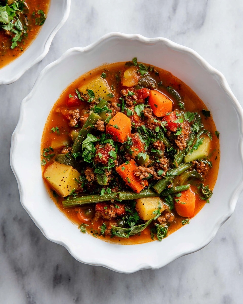 A white bowl with a wavy edge holds a thick stew made of different layers of colorful ingredients. The bottom layer is a rich, reddish-brown broth filled with small chunks of ground meat. On top, there are soft pieces of orange carrots, light yellow potato cubes, and bright green beans, all mixed with leafy green herbs scattered throughout. The stew is speckled with black pepper and fresh green parsley, adding texture and color contrast. The bowl sits on a white marbled surface. photo taken with an iphone --ar 4:5 --v 7