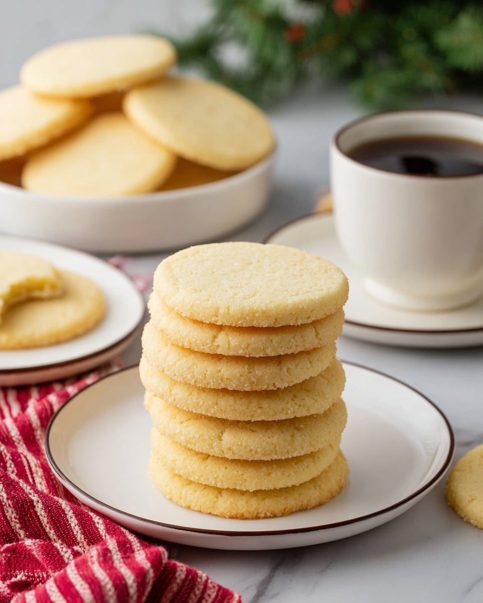 A stack of seven round, light yellow cookies with a soft, slightly crumbly texture is neatly placed in the center of a white plate with a thin dark rim, resting on a white marbled surface. Behind the stack, more cookies sit in a white bowl, and some lay flat on another white plate with a dark rim. To the left, a red and white striped cloth adds a splash of color, with a partially eaten cookie beside it. In the background, a white cup and saucer filled with dark coffee and a blurred green plant give a cozy feel. Photo taken with an iphone --ar 4:5 --v 7