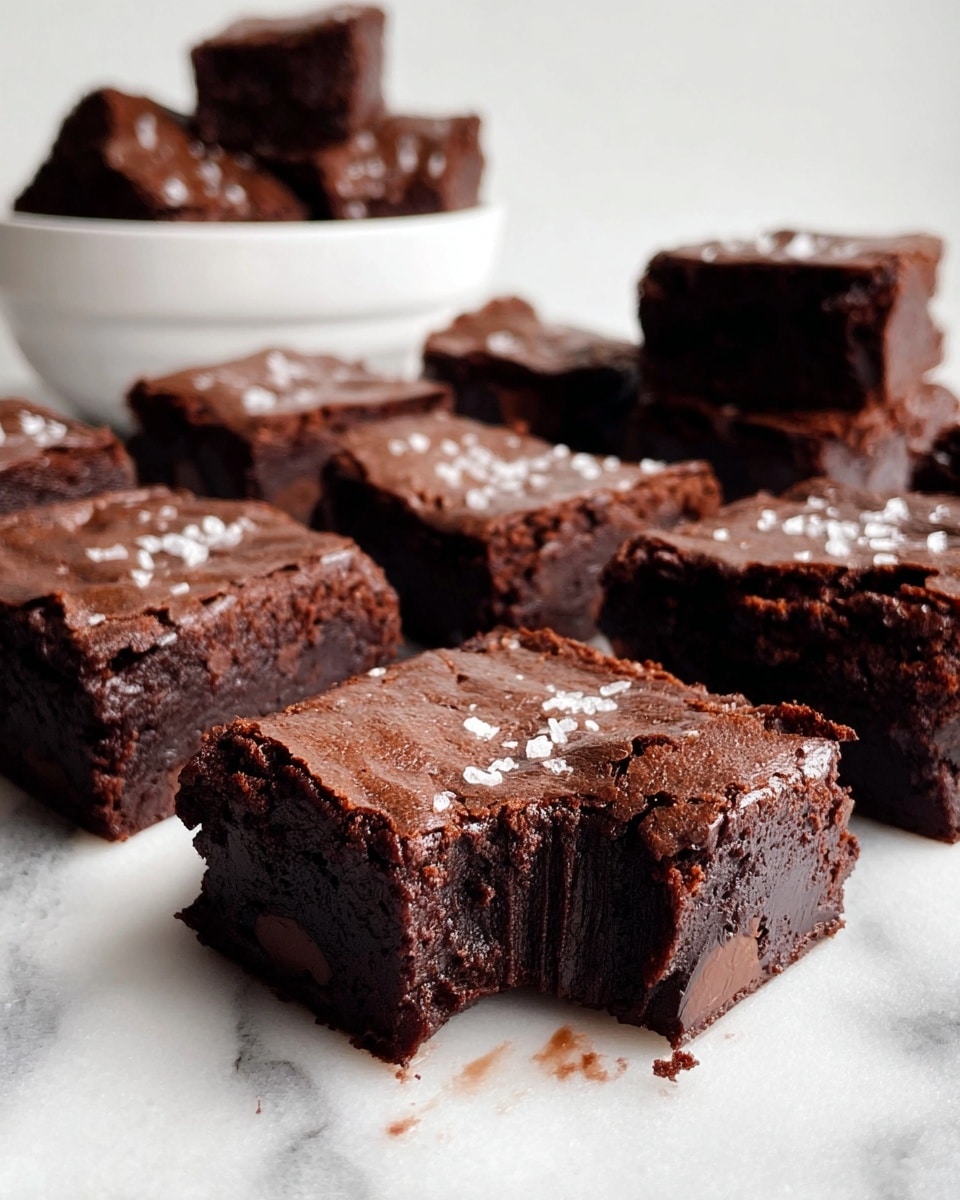 The image shows a group of dark brown chocolate brownies arranged in three rows on a white marbled surface. Each brownie is square-shaped with a smooth but cracked top layer sprinkled with coarse salt flakes. The brownies have a dense, moist texture with small chunks visible inside. One brownie in the front center has a bite taken out, revealing the rich, fudgy interior. In the background, there is a white bowl filled with additional brownies, slightly out of focus. The photo taken with an iphone --ar 4:5 --v 7