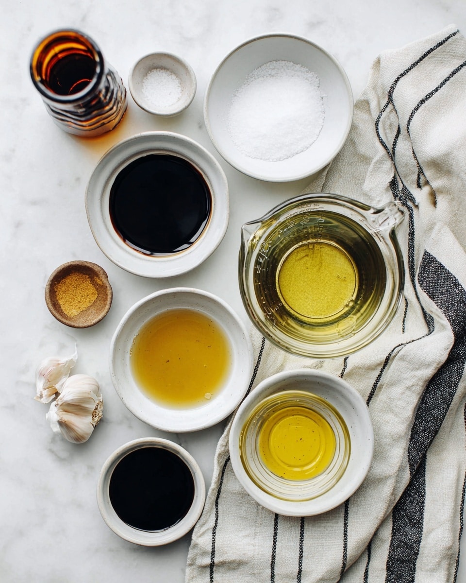 The image shows a flat lay of cooking ingredients arranged neatly on a white marbled surface. There are eight small white bowls and a clear measuring cup with liquid, all placed around a linen cloth with black stripes on the right side. From the top left to bottom right, the bowls contain a dark soy sauce in a small cup, a white bowl of salt, a white bowl of black pepper, a small bowl of golden honey, a clear measuring cup with golden olive oil, a small bowl of yellow mustard, a bowl with dark balsamic vinegar, and a small bowl holding a single clove of garlic split in two. To the far left, there is a brown bottle with a cork stopper laying nearby. The overall look is clean and organized with ingredients ready for mixing photo taken with an iphone --ar 4:5 --v 7
