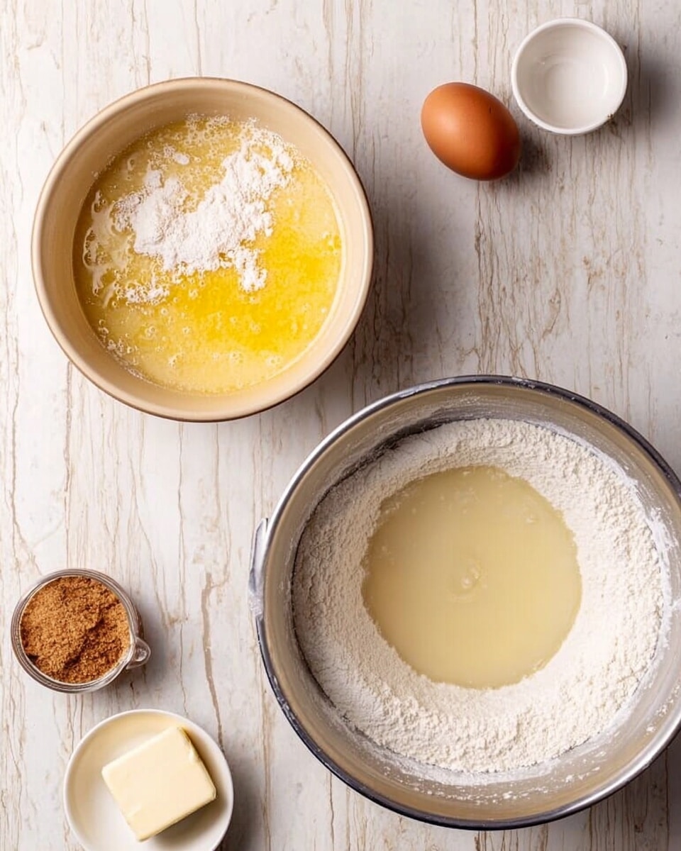 The image shows two bowls on a white marbled surface. On the left is a smaller beige bowl with melted yellow butter and dry yeast powder on top. On the right is a larger silver mixing bowl with a ring of white flour around the edge and a pool of light yellow liquid in the center. Around the bowls are small containers with brown sugar, an egg, and butter in a white dish. Photo taken with an iphone --ar 4:5 --v 7
