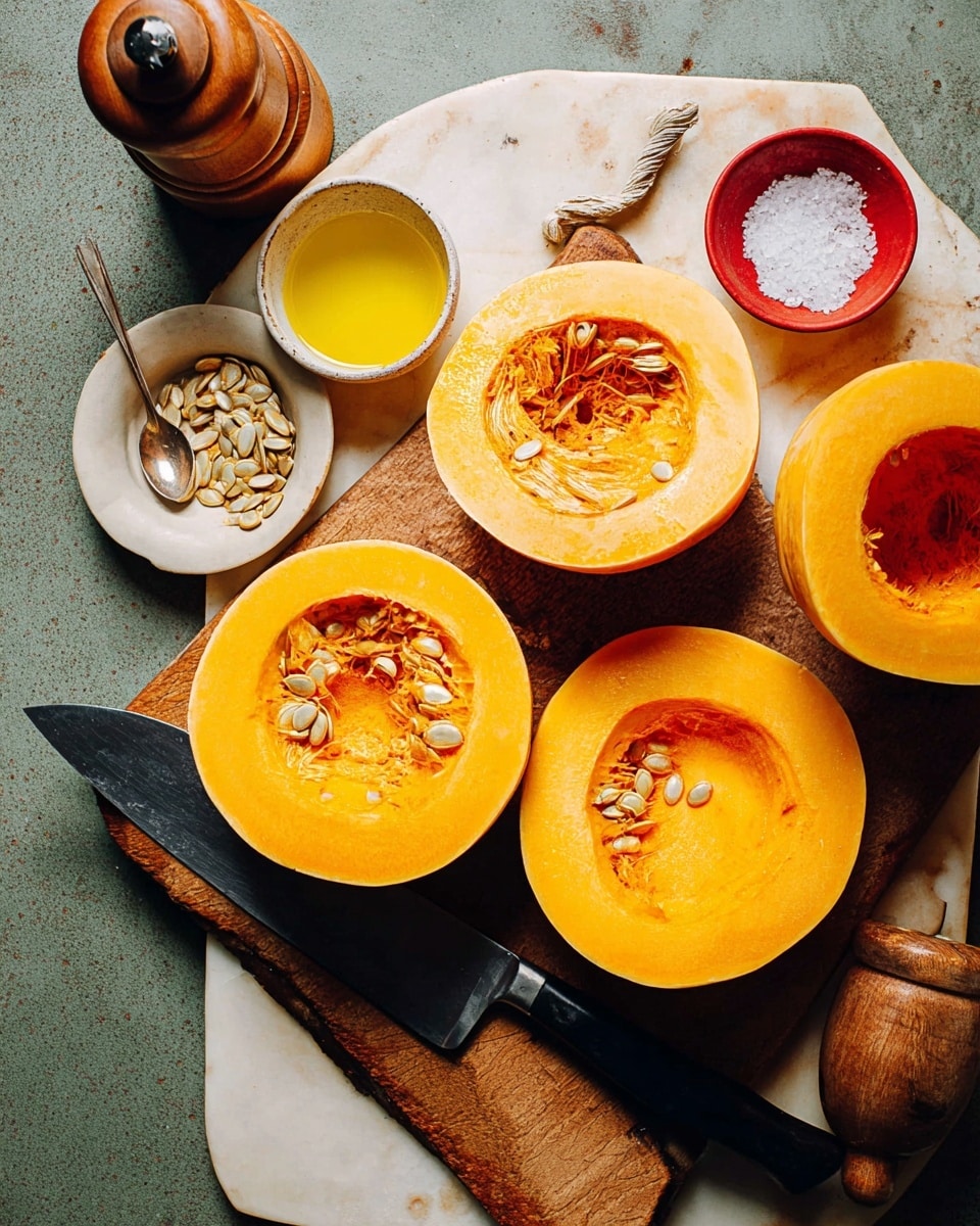 The image shows several thick, round slices of bright orange squash placed on a white marbled surface and a rustic wooden cutting board. Two slices have their centers hollowed out, exposing seeds and stringy pulp, with one hollow slice having a spoon resting on it scooping seeds. Next to the squash slices, there is a small white bowl filled with yellow oil, a small red bowl containing more seeds with a spoon in it, and a small black bowl holding coarse white salt. A large knife with a black handle lies on the surface near the squash, and a wooden pepper grinder is positioned nearby. The overall setting includes a mix of warm orange tones from the squash against the white marbled texture and natural wooden accent, suggesting preparation for cooking. photo taken with an iphone --ar 4:5 --v 7
