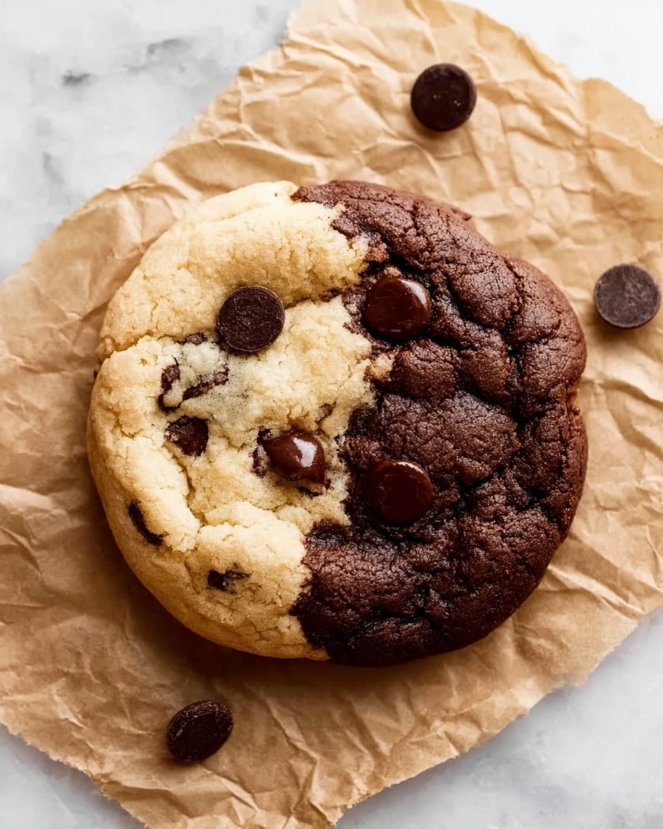 A soft cookie on crumpled brown parchment paper shows two distinct halves fused together: one half is light tan with scattered dark chocolate chips, while the other half is rich dark brown with a few shiny chocolate chips embedded. The cookie's surface is slightly cracked, showing a tender texture. Around the cookie on the parchment are several loose chocolate chips. The background is a white marbled surface. Photo taken with an iphone --ar 4:5 --v 7