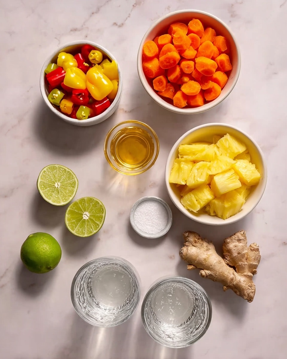 The image shows several ingredients placed on a white marbled surface. There are three white bowls: one with small yellow, red, and green peppers, another with sliced orange carrots, and a third filled with pineapple chunks. Nearby, there is a small glass of golden liquid and a small bowl of white granulated sugar. Two glass cups of clear water sit in front, with two halves of a bright green lime and a piece of fresh ginger root nearby. A woman's hand is reaching toward the pineapple chunks. The whole scene is bright and clear, with soft natural lighting. photo taken with an iphone --ar 4:5 --v 7
