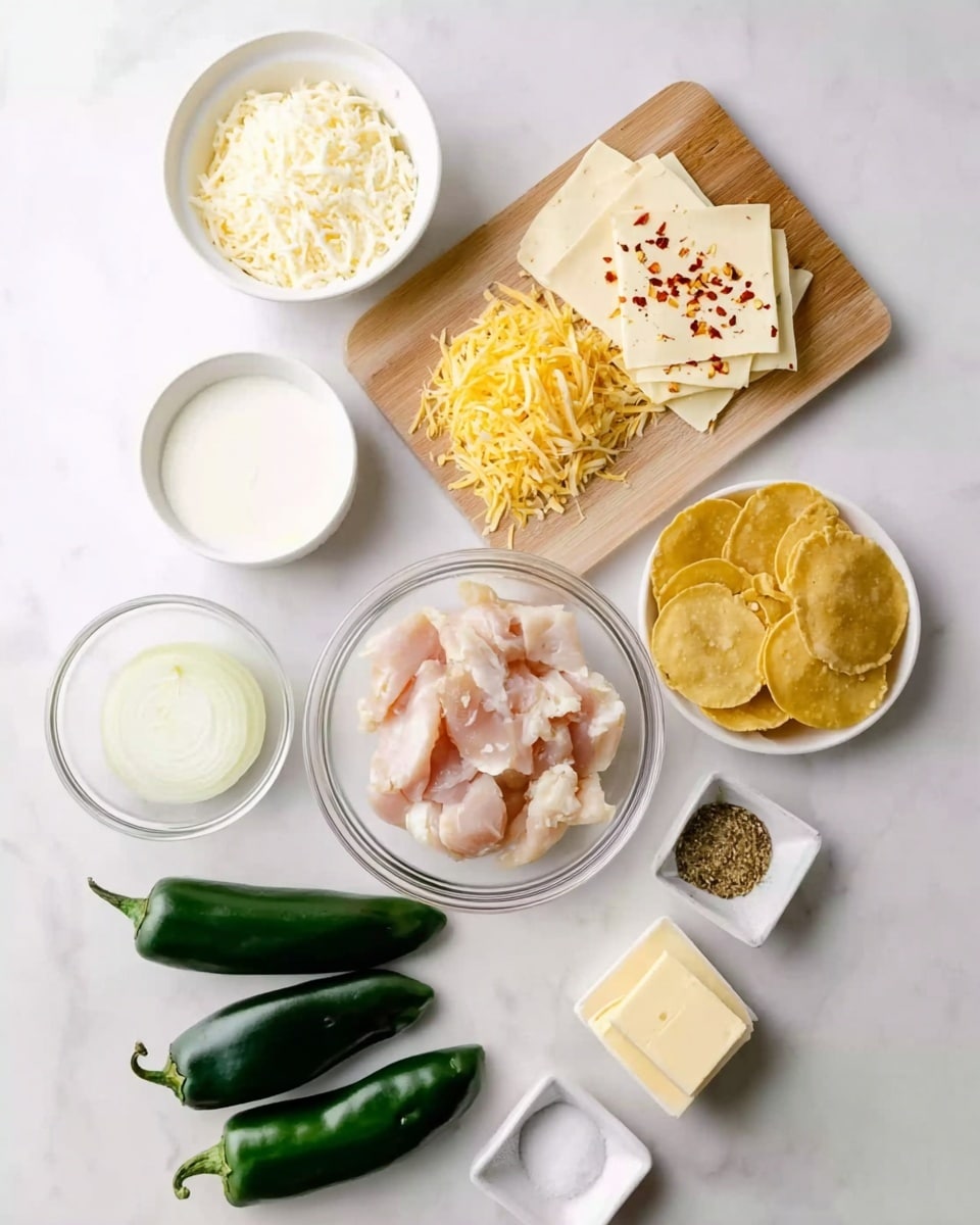The image shows an overhead view of cooking ingredients arranged neatly on a white marbled surface. There are two small white bowls at the top left, one with soft white cheese and the other with shredded yellow cheese. A small wooden board holds several square slices of cheese with red pepper flakes. Below, in a clear glass bowl, are small pieces of raw chicken, positioned next to another clear bowl with round yellowish dumpling wrappers. Three green poblano peppers lay at the bottom left, placed next to a small white bowl of chopped white onion, two tiny white dishes with minced garlic and mixed seasonings, and a white square dish with two small butter cubes. The setting is clean and organized, making each ingredient distinct and easy to see. photo taken with an iphone --ar 4:5 --v 7