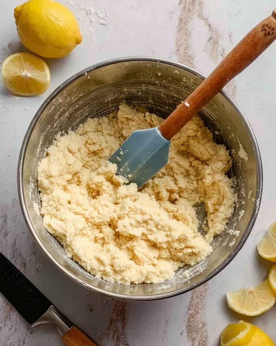 The image shows a silver mixing bowl filled with crumbly dough that has a rough, pale yellow texture. Inside the bowl, there is a wooden-handled spatula with a light blue silicone head partially submerged in the dough. Around the bowl, there are some lemon halves, a knife with a black handle, and the whole scene is set on a white marbled surface. Photo taken with an iphone --ar 4:5 --v 7