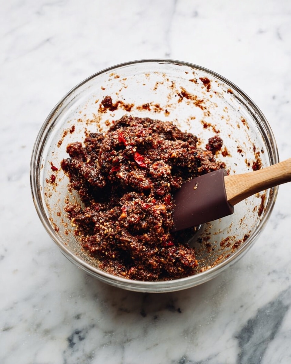 A clear glass bowl sits on a white marbled surface, filled with a mixture that has a chunky texture. The mixture is mostly dark brown with visible bits of red scattered throughout. A wooden spatula with a dark brown silicone head rests inside the bowl, partially covered by the mixture. The bowl has smudges of the mixture on its sides. Photo taken with an iphone --ar 4:5 --v 7