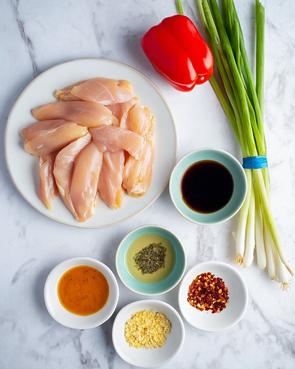 A white round plate holds several raw chicken tender strips arranged loosely in the center, showing pale pink and slightly yellowish tones with smooth, moist texture. Below the plate, there are five small white and light blue bowls forming a semi-circle, each containing different sauces and spices: a thick orange sauce in a light blue bowl, a dark soy-like liquid in a small white bowl, a pale greenish liquid in another white bowl, a minced yellow garlic mixture in a small square white bowl, and a mix of ground black pepper, red chili flakes, and a green spice blend in another small square white bowl. To the left of these bowls, there is a bright red bell pepper placed on the white marbled surface. On the right side of the plate, there is a bundle of fresh green onions with long green stalks and white bulb ends tied with a blue band, laying on the white marbled texture. Photo taken with an iphone --ar 4:5 --v 7