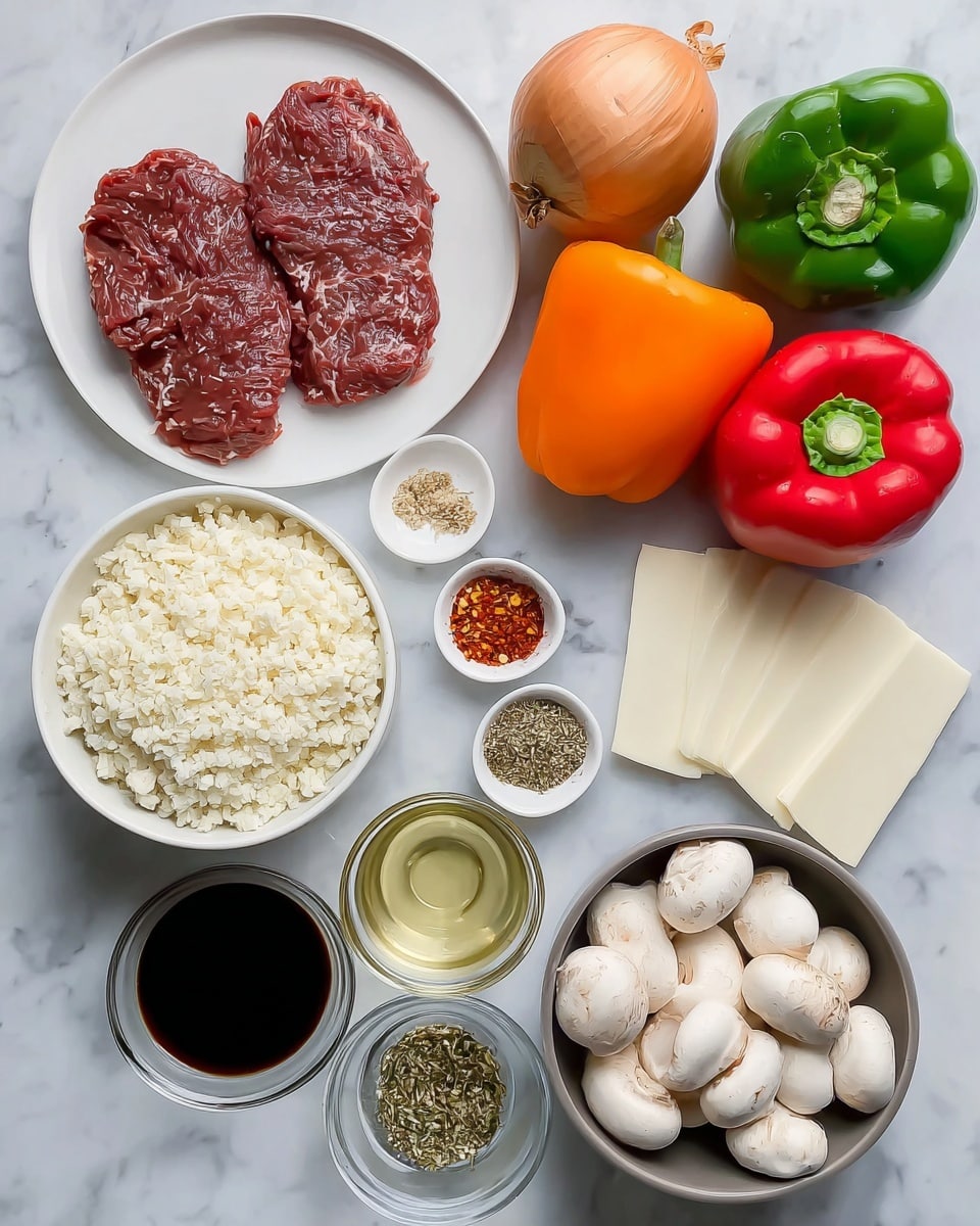 The image shows ingredients neatly arranged on a white marbled surface. There is one white plate with two thin pieces of raw beef on the left and four slices of white cheese on the right side. Nearby are three whole bell peppers in red, orange, and green colors, and a whole brown onion with its skin. A white bowl is filled with chopped cauliflower rice, next to it are three small white bowls with different seasonings: one with red pepper flakes, one with a light brown powder, and one with a mixture of herbs and spices divided into sections. Another small transparent bowl has clear oil, a gray bowl holds whole white mushrooms, and a final small bowl contains dark soy sauce. All items are clearly visible and well-lit, photo taken with an iphone --ar 4:5 --v 7