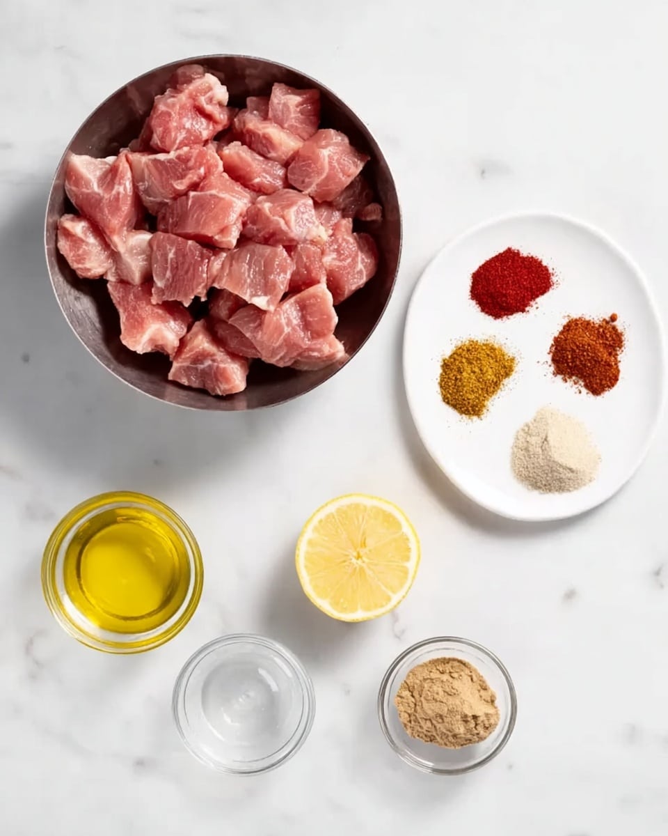 The image shows five main items arranged on a white marbled surface. On the left is a round metal bowl filled with raw, unevenly shaped pink pieces of meat. To the right of it, there is a small white plate with five different spices arranged in small piles: light beige, brown, red, and two other shades of powdery spices. Below the bowl and plate are three small containers: a small clear bowl with a golden-yellow oil on the bottom left, a fresh lemon half with bright yellow color in the middle, and a small clear bowl with light brown paste-like substance on the bottom right. photo taken with an iphone --ar 4:5 --v 7