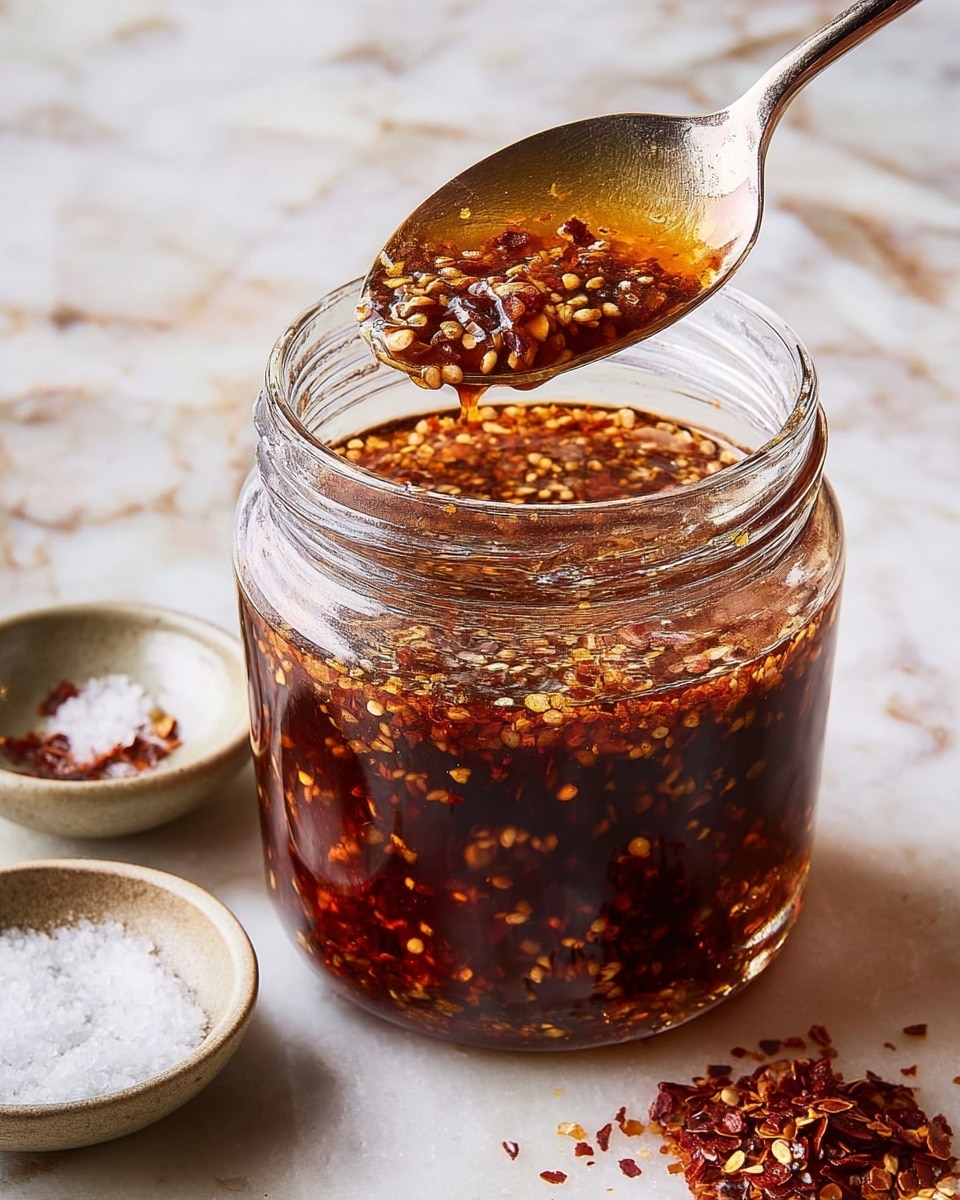 A clear glass jar filled with dark red chili oil mixed with crushed chili flakes floating in layers, giving texture and small light yellow seeds throughout the oil. A metal spoon is lifting a spoonful of the chili oil and flakes, showing its thick and oily texture. The jar sits on a white marbled surface with two small dishes nearby, one containing salt in white grains and the other a small pile of dry red chili flakes, all softly lit with natural light. photo taken with an iphone --ar 4:5 --v 7