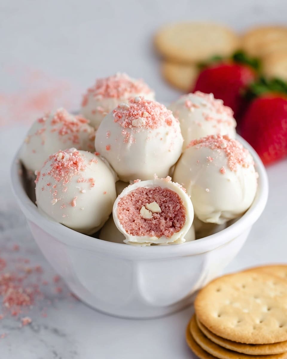 A white scalloped bowl holds seven round truffles with a smooth white coating, each sprinkled with pink crumbs on top, with one truffle at the front showing a crumbly pink interior, revealing two visible white bits inside. The bowl sits on a white marbled surface with a few golden round crackers stacked nearby and a red strawberry with green leaves in the background. The focus is on the front truffle with a soft, bright background. photo taken with an iphone --ar 4:5 --v 7
