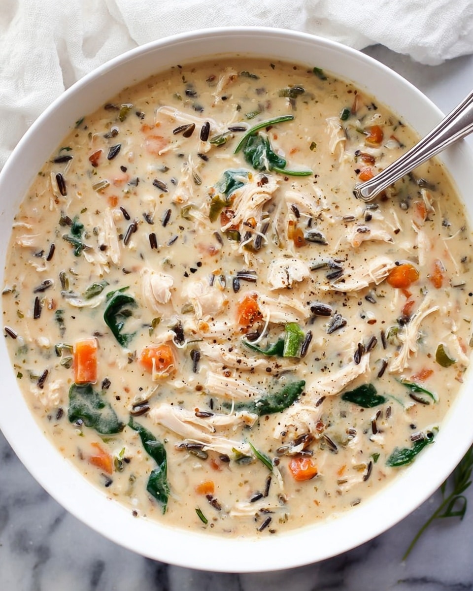 A white bowl filled with creamy soup that has a thick texture, showing shredded white chicken pieces mixed with small chunks of orange carrots, dark green spinach leaves, and bits of wild rice scattered throughout. The soup is light beige with visible specks of herbs and black pepper, and a silver spoon rests inside the bowl, slightly covered by the soup. The bowl sits on a white marbled surface with part of a white cloth visible near the top edge of the image. photo taken with an iphone --ar 4:5 --v 7