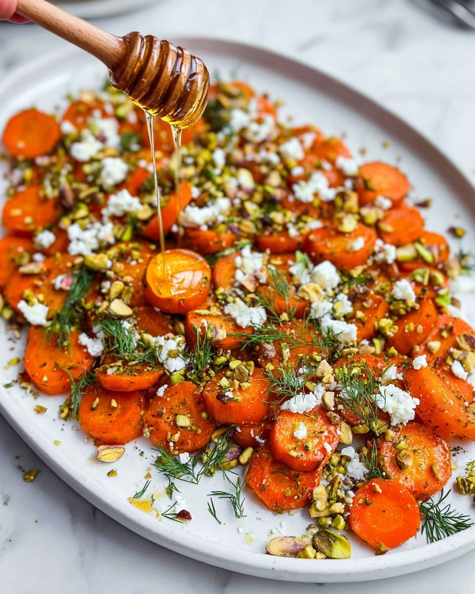 A white plate filled with one layer of bright orange roasted carrot slices scattered all over. On top, there is a mix of white crumbled cheese and chopped green pistachios sprinkled evenly. Small fresh green herbs like dill and parsley are spread across the dish. A wooden honey dipper held by a woman's hand is dripping golden honey onto the carrots. The plate sits on a white marbled surface. photo taken with an iphone --ar 4:5 --v 7