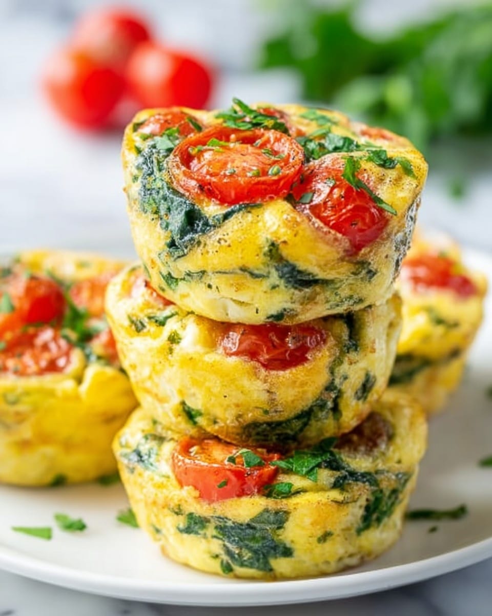 The image shows a stack of three small round egg muffins on a white plate, each muffin having a yellow base with visible green spinach leaves mixed inside. On top of the muffins, there are bright red cherry tomato pieces and chopped green herbs sprinkled over them. The muffins have a soft texture with slightly browned edges, and the background features a white marbled surface with some blurred green leafy vegetables. photo taken with an iphone --ar 4:5 --v 7