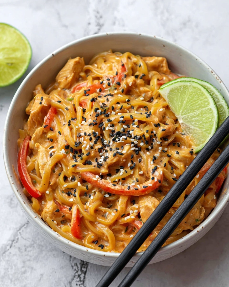 A white bowl filled with creamy noodles mixed with thin strips of red bell pepper and chunks of chicken, all coated in an orange sauce. The dish is topped with a sprinkle of black and white sesame seeds spread evenly on the surface. Two lime wedges rest on the noodles near the side of the bowl. A pair of black chopsticks lies across the top rim of the bowl. The bowl sits on a white marbled surface. Photo taken with an iphone --ar 4:5 --v 7