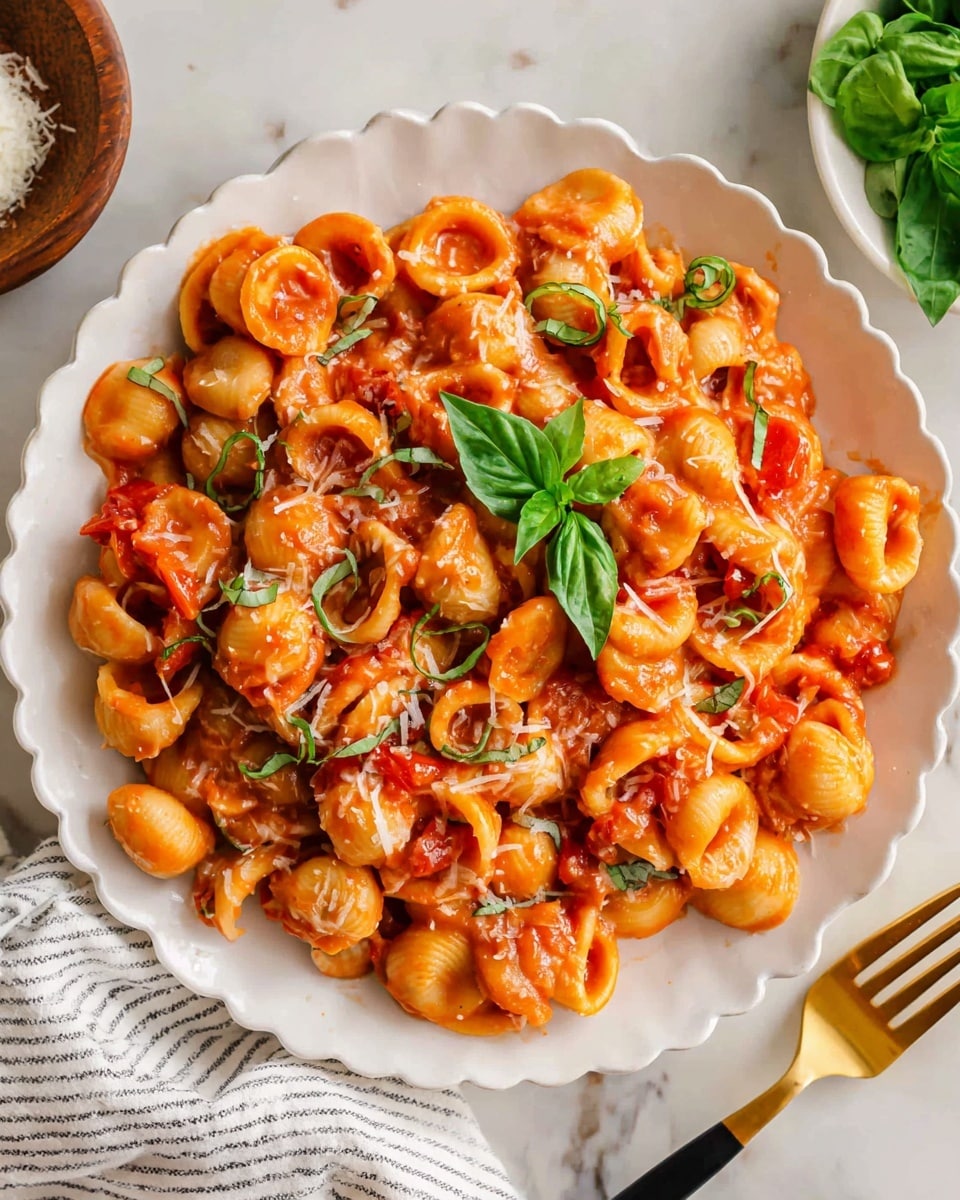 A white scalloped plate filled with about three layers of small, round, shell-shaped pasta coated in a thick, bright orange-red tomato sauce with visible bits of red tomatoes. The pasta is scattered with thin slices of green basil leaves, and some grated white cheese is lightly sprinkled on top. A small bunch of fresh basil leaves sits in the center as garnish. The plate rests on a white marbled surface, and a gold and black fork is placed near the bottom right corner, partially covered by a white and gray striped cloth. Photo taken with an iphone --ar 4:5 --v 7