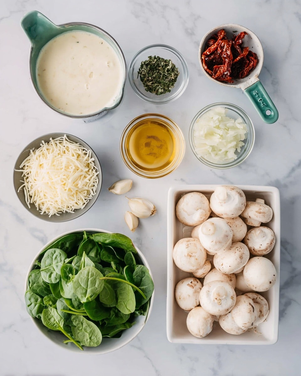 The image shows fresh ingredient arrangement on a white marbled surface, including a white rectangular container filled with whole white mushrooms at the bottom right. Above the mushrooms, there is a small clear bowl of golden liquid with herbs. To the left, a small glass bowl with dried green herbs and a white measuring cup holding sun-dried tomatoes sit nearby. Above them is a small metal cup with creamy white liquid and a green handle. To the left of the liquid cup is a gray bowl filled with shredded white cheese, and to its right is a small clear container with chopped onions. At the bottom left, a white bowl contains fresh dark green spinach leaves, with garlic cloves and fresh green basil leaves scattered nearby. Photo taken with an iphone --ar 4:5 --v 7