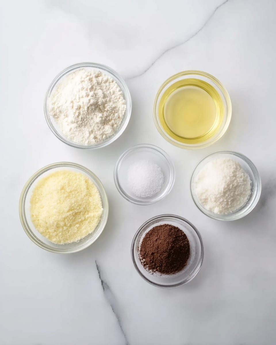The image shows six small glass bowls arranged on a white marbled surface in a loose circular shape. Each bowl contains a different ingredient: a coarse white powder, a light yellow translucent liquid, fine white sugar, a pale yellow powder, a small amount of white salt, and a dark brown powder. The bowls are clear, round, and smooth, placed so all ingredients are clearly visible from above, with soft natural light highlighting their colors and textures. photo taken with an iphone --ar 4:5 --v 7
