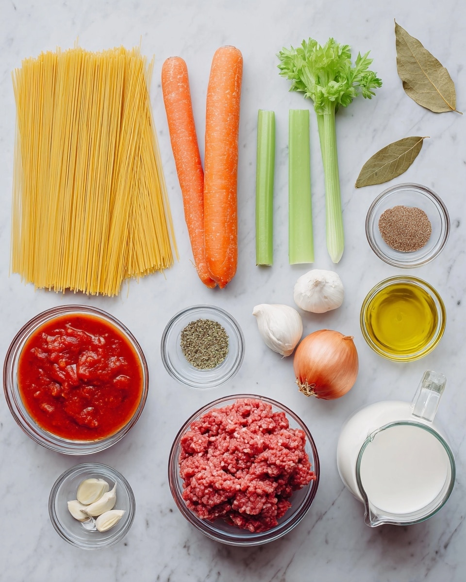 A white marbled surface shows different clear glass bowls and loose ingredients spread out neatly. From left to right, there is a bunch of uncooked spaghetti with a pale yellow color laying flat, two whole orange carrots, three green celery sticks, two small garlic cloves, and a whole light brown onion. Next to these are small clear glass bowls with dried herbs and spices, bright red tomato paste, raw pink ground meat, and a bowl of thick red crushed tomatoes. A small glass jug with white cream and a small glass bottle with yellow olive oil are nearby, along with a single brown bay leaf at the top right. Everything is placed in a clean, organized way on the white marbled surface. Photo taken with an iphone --ar 4:5 --v 7