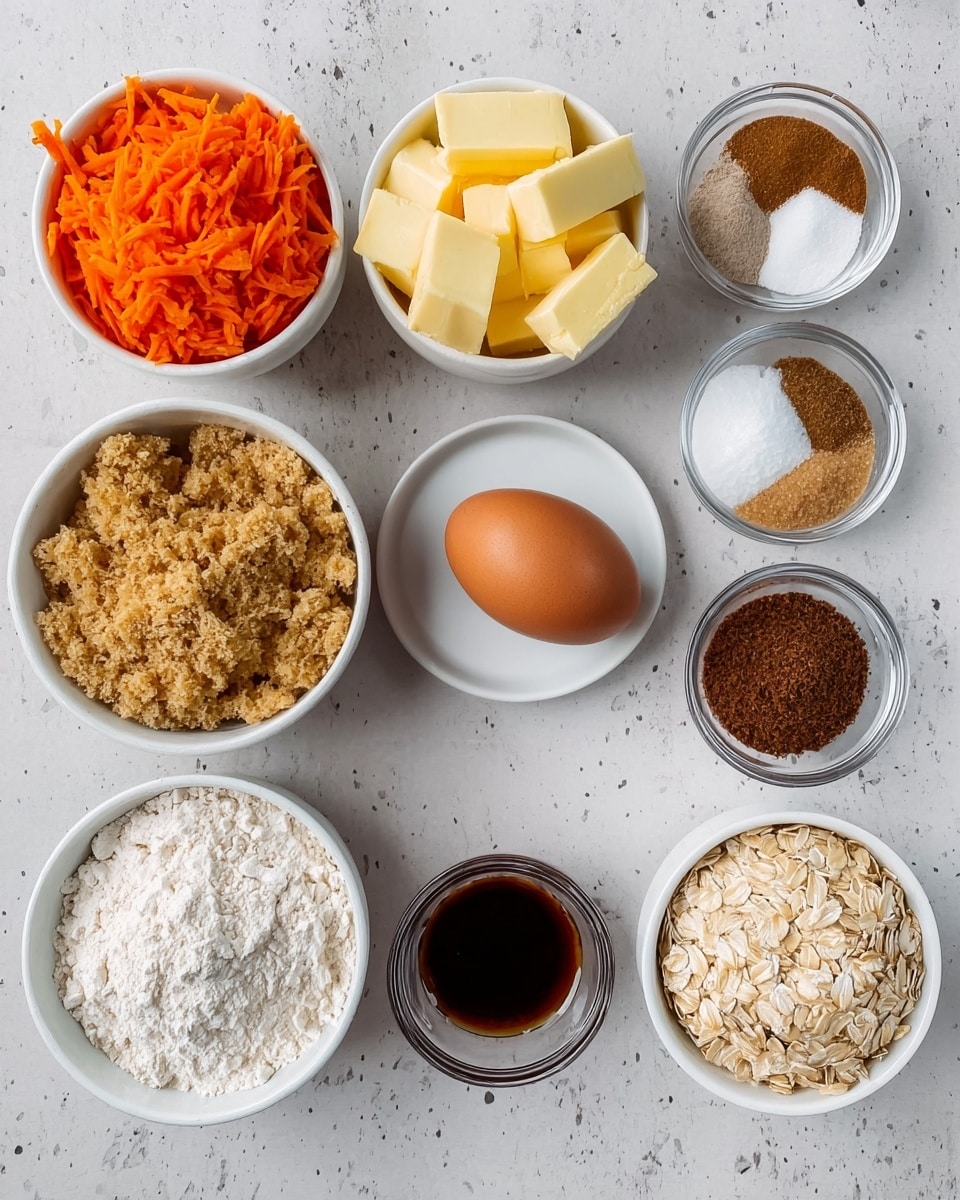 Top view of small white bowls and glasses placed on a white marbled surface arranged in a box shape. On top left is a bowl with shredded orange carrots, next to it on right is a bowl with square slices of yellow and off-white butter. Top right bowl holds five types of powdered spices in small mounds: white sugar, brown cinnamon, beige ginger, dark brown coffee, and white salt. Below the carrot bowl is a whole brown egg on a small plain white plate, next to it on right is a glass bowl with brown sugar. Center is a small clear glass bowl with dark brown liquid vanilla extract. Bottom left holds a white bowl filled with white flour, middle bottom is a clear glass bowl with white sugar, and bottom right is a white bowl filled with dry oats. photo taken with an iphone --ar 4:5 --v 7