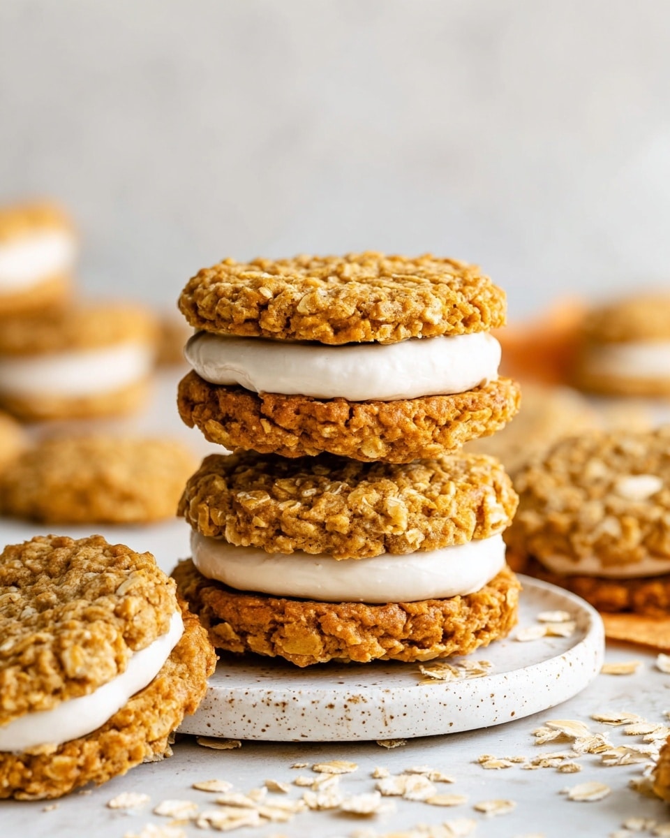 The image shows a stack of three oatmeal cookie sandwiches with thick, creamy white filling between two golden-brown, textured oatmeal cookie layers. Around the stack, more cookie sandwiches lie on a white speckled ceramic plate, with some loose oats scattered on a white marbled surface. The oatmeal cookies have a rough, uneven texture with visible oat flakes, and the creamy filling is smooth and thick, clearly visible between each cookie layer. The background is softly blurred, emphasizing the crunchy, soft contrast of the cookies and filling. Photo taken with an iphone --ar 4:5 --v 7