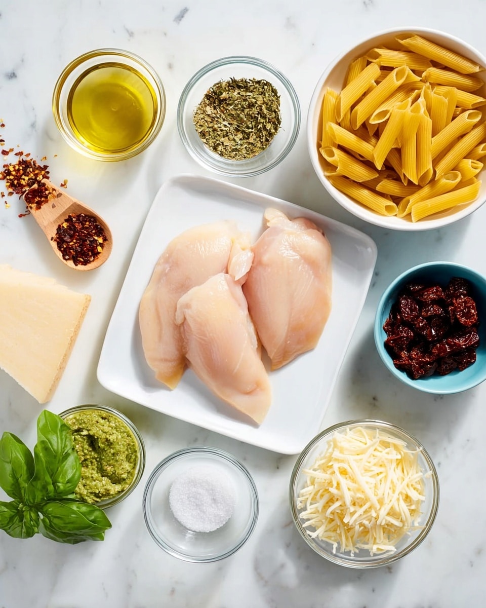 A white rectangular plate holds three raw chicken pieces with a smooth, pale pink surface, placed in the center of a white marbled background. Surrounding the plate are small bowls and measuring cups arranged in a loose circle: on the top right, a white bowl filled with yellow dry penne pasta; below that, a small clear bowl with dark brown chopped sun-dried tomatoes. On the bottom left, two clear bowls, one with bright green pesto sauce and another with golden olive oil. Above these, a white bowl with light brown dried herbs, a small pale wooden bowl with fine white salt, another similar bowl with ground black pepper, and a blue bowl filled with shredded white parmesan cheese. A light tan wedge of parmesan cheese is near the center top next to a small spoon holding red chili flakes and some fresh green basil leaves. All elements rest on a white marbled surface, photo taken with an iphone --ar 4:5 --v 7