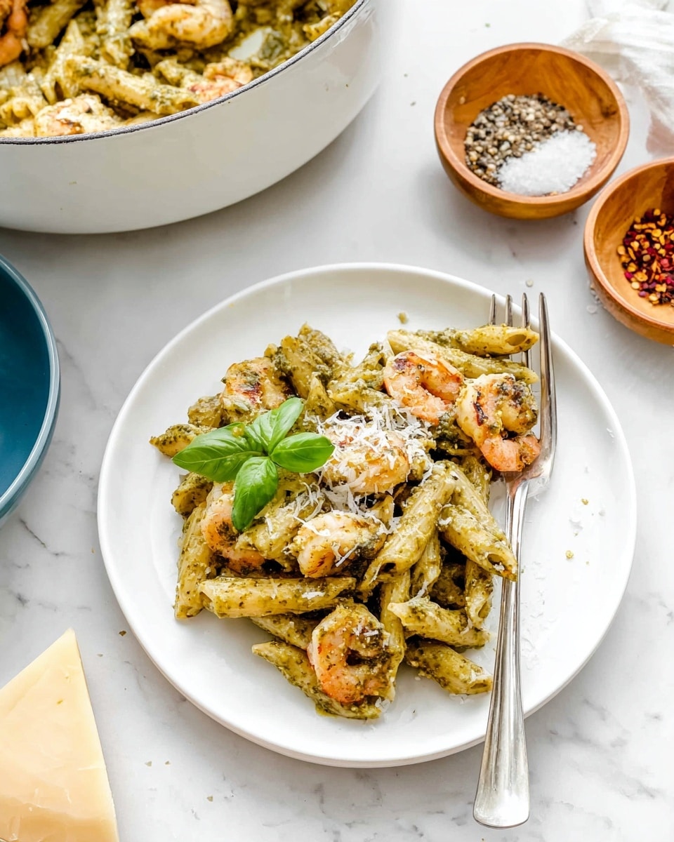 A white plate holds a serving of penne pasta coated in a green pesto sauce, mixed with small pieces of cooked shrimp that have a light brown sear, and garnished with fresh green basil leaves and grated white cheese sprinkled on top. The pasta pieces are tubular and slightly glossy from the sauce. A silver fork rests on the right edge of the plate. In the background, a large white pot contains more of the pasta dish with similar colors and textures. Nearby, there are small wooden bowls filled with coarse salt, black pepper, and red pepper flakes, and a chunk of pale yellow cheese sits on the white marbled surface. A blue bowl is partially visible to the left. photo taken with an iphone --ar 4:5 --v 7
