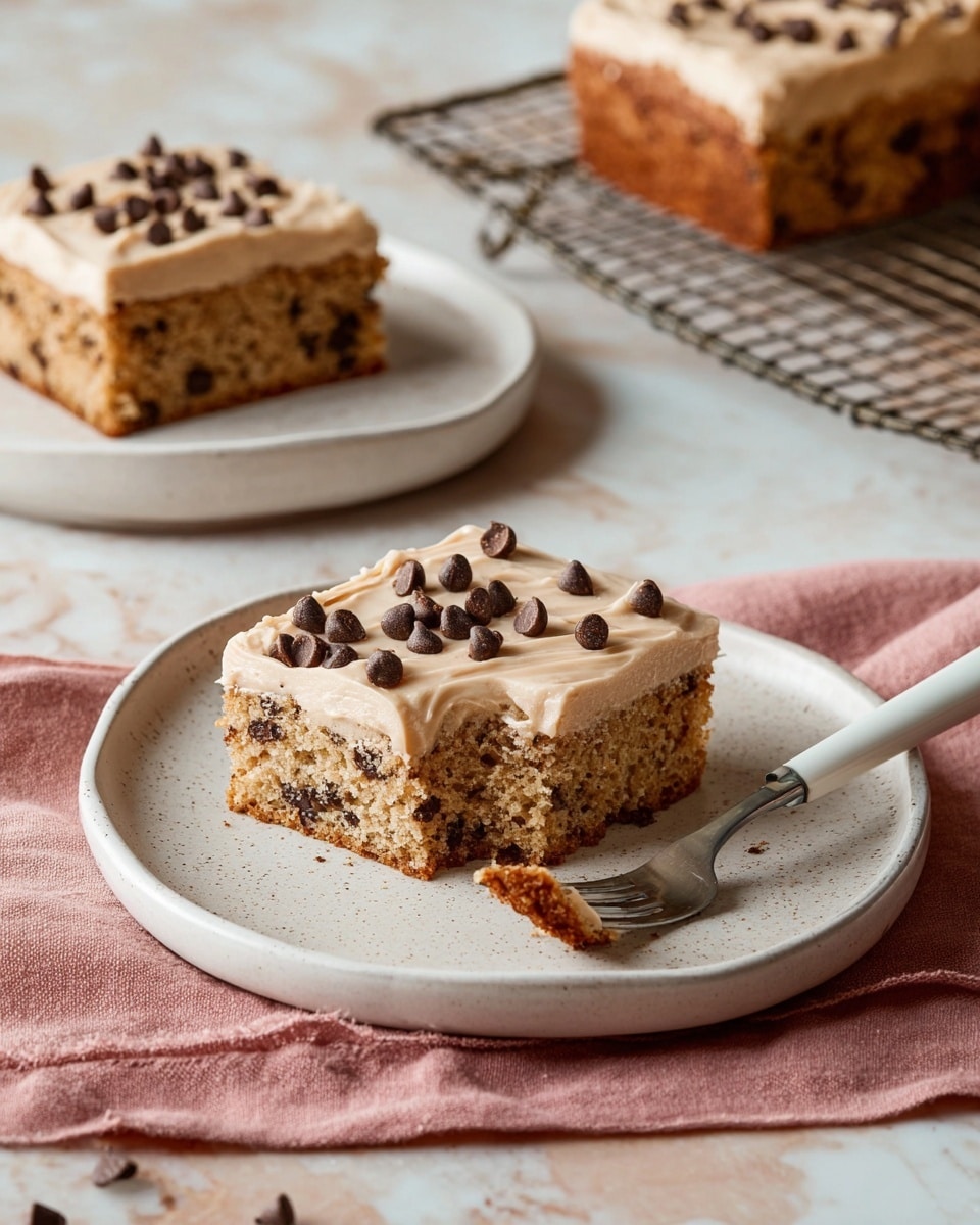 The image shows a square piece of cake on a white plate. The cake has two layers: the bottom layer is light brown with small dark chocolate chips inside, and the top layer is smooth light brown cream frosting sprinkled with small dark chocolate chips. A white-handled fork holds a small bite-sized piece of the cake, with the same two layers visible. Another white plate with a similar piece of cake is in the background, along with a cooling rack holding the rest of the cake. The scene is set on a surface with a white marbled texture and a pink cloth under the main plate. Photo taken with an iphone --ar 4:5 --v 7