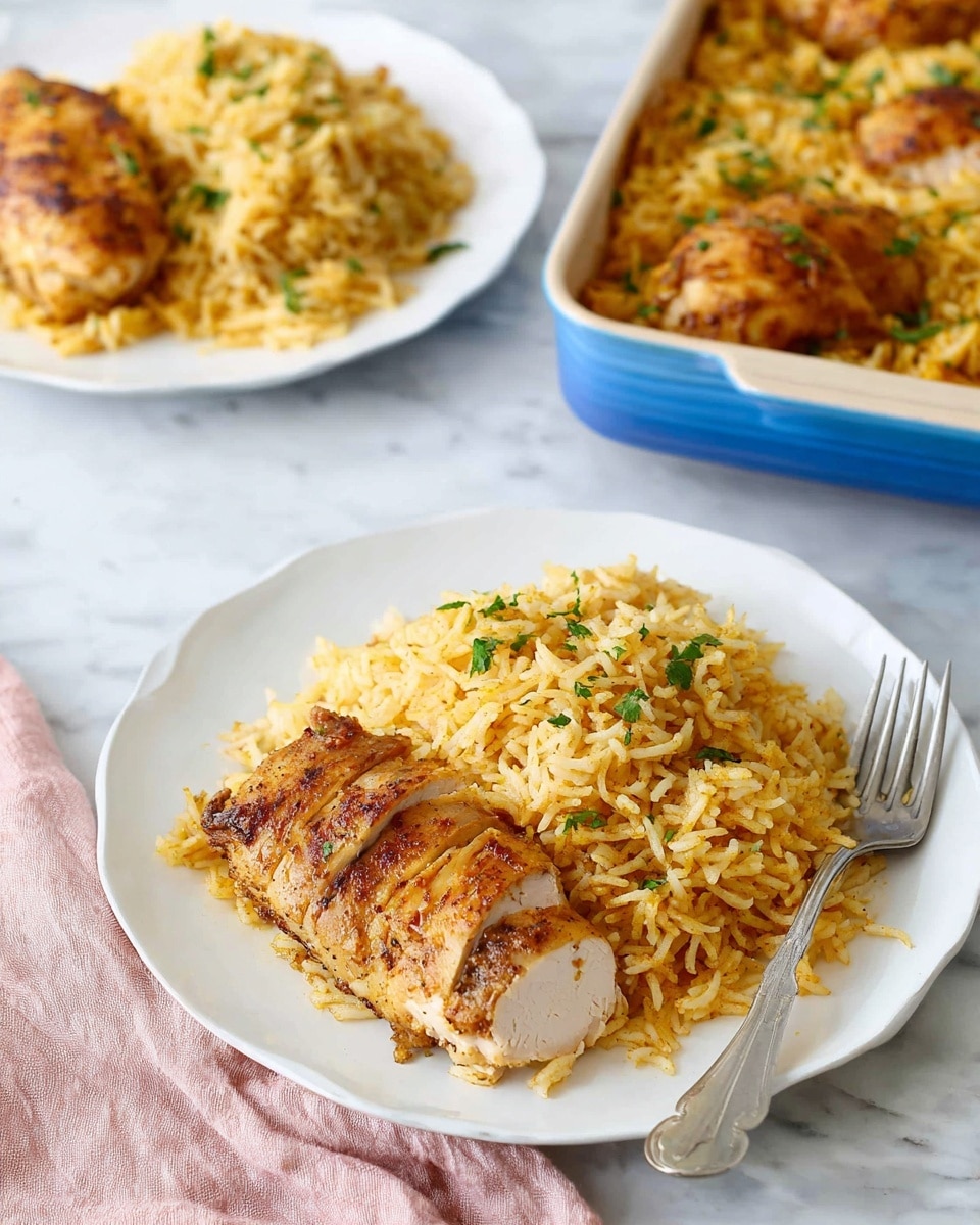 The image shows two white plates on a white marbled surface with a dish of yellowish, seasoned rice and cooked chicken. The plate in the front contains a sliced piece of brownish, spiced chicken with a soft texture, laid on the left side, and a mound of fluffy rice sprinkled with chopped green herbs on the right side. A fork with a metallic shine rests on the right edge of this plate, slightly touching the rice. The plate in the back has two pieces of golden brown chicken sitting on a bed of the same yellowish rice with green herbs, slightly blurred. In the upper right corner, there is a blue baking dish filled with the same rice and chicken mixture, showing a textured, slightly crusted surface. A soft pink cloth is positioned near the bottom left corner of the image. photo taken with an iphone --ar 4:5 --v 7
