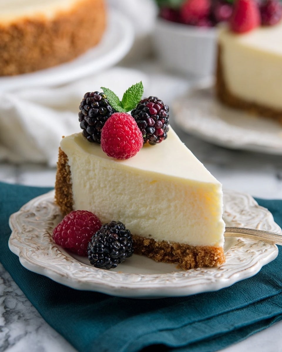 A slice of cheesecake with three clear layers: a bottom brown crumbly crust, a thick creamy white middle layer, and a smooth light cream top layer. On top of the cheesecake slice, there are two fresh berries, one red raspberry with a green leaf and one black blackberry, placed near the edge. The cheesecake slice sits on an ornate white plate, which is placed on a dark teal cloth over a white marbled surface. In the background, there is a blurred image of another cheesecake slice and a white bowl filled with similar berries. Photo taken with an iphone --ar 4:5 --v 7