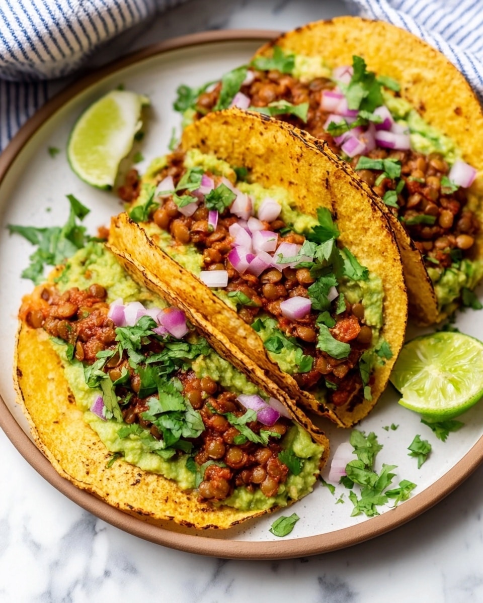 Three tacos stand side by side on a white plate with a light brown rim, placed on a white marbled surface. Each taco has a slightly charred, yellow corn tortilla shell filled with layers starting with a smooth green guacamole base. On top of that is a layer of brown cooked lentils mixed with reddish sauce. Small cubes of bright purple onion and chopped green cilantro leaves are sprinkled over the lentils. Around the plate, there are bits of cilantro and a lime wedge at the edge of the plate. The background includes a blue and white striped cloth, adding a soft touch. photo taken with an iphone --ar 4:5 --v 7