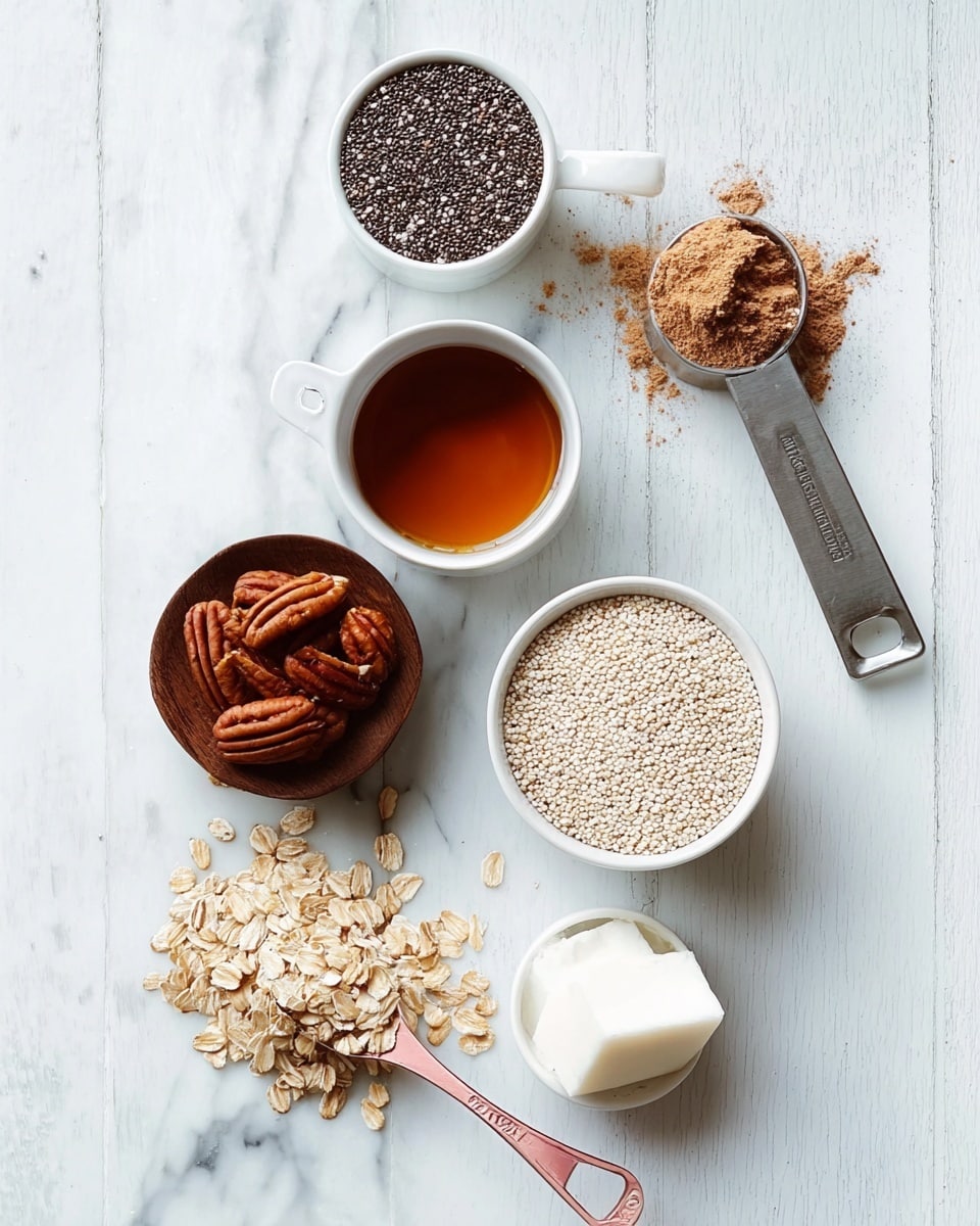 The image shows seven small containers arranged on a white marbled surface. At the top left is a small white bowl filled with black and white chia seeds. Below it is a white bowl with dark amber liquid. To the right of the liquid is a metal scoop holding light brown powder with some spilled on the surface. Below the scoop is a round white bowl filled with small white quinoa grains. To the left of the quinoa is a white bowl full of pecan nuts, with one pecan nut placed on the surface nearby. At the bottom left is a small dark wooden bowl holding pale rolled oats. To the right of the oats is a pink metal measuring spoon containing salt, partially resting on the surface. Next to the salt is a small white bowl with a solid chunk of white coconut oil. photo taken with an iphone --ar 4:5 --v 7
